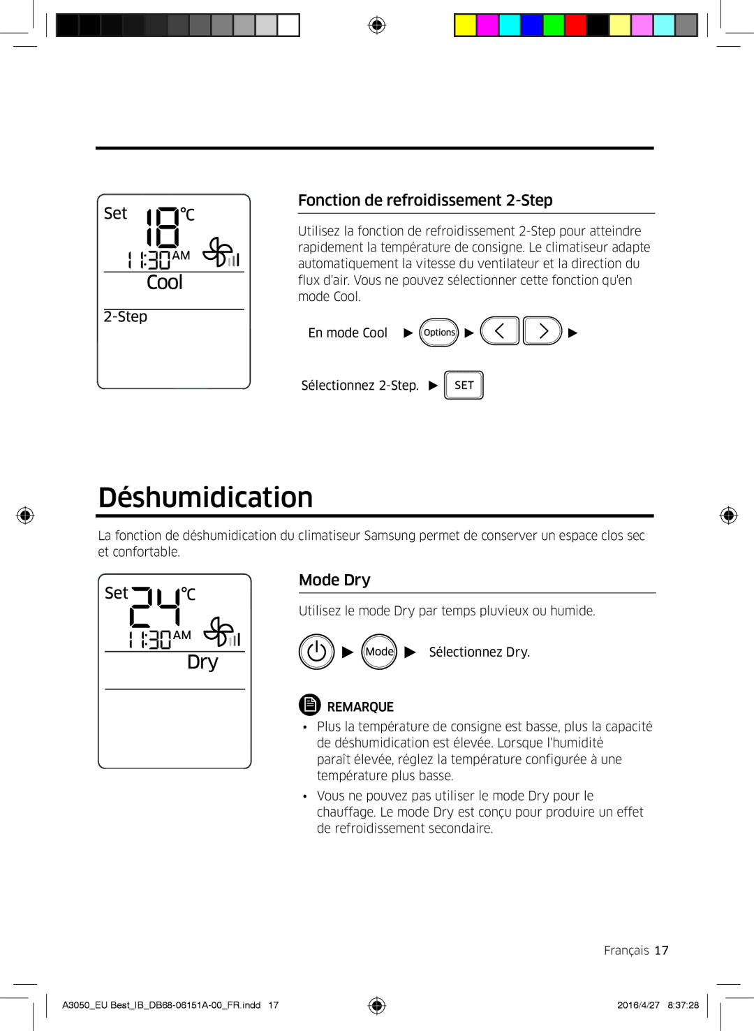 Samsung AR09JSPFAWKNEU, AR09HSSFAWKNEU, AR12HSSFAWKNEU manual Déshumidication, Fonction de refroidissement 2-Step, Mode Dry 