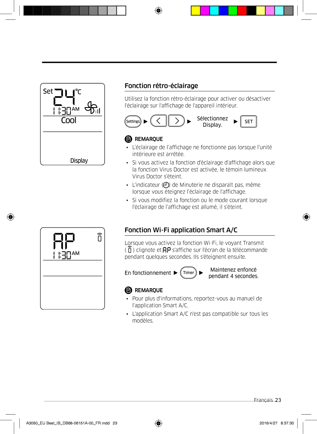 Samsung AR09HSSFAWKNEU, AR12HSSFAWKNEU, AR09JSPFAWKNEU manual Fonction rétro-éclairage, Fonction Wi-Fi application Smart A/C 