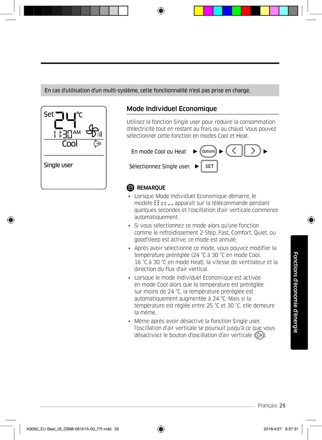 Samsung AR09JSPFAWKNEU, AR09HSSFAWKNEU, AR12HSSFAWKNEU, AR12JSPFAWKNEU manual Mode Individuel Economique 