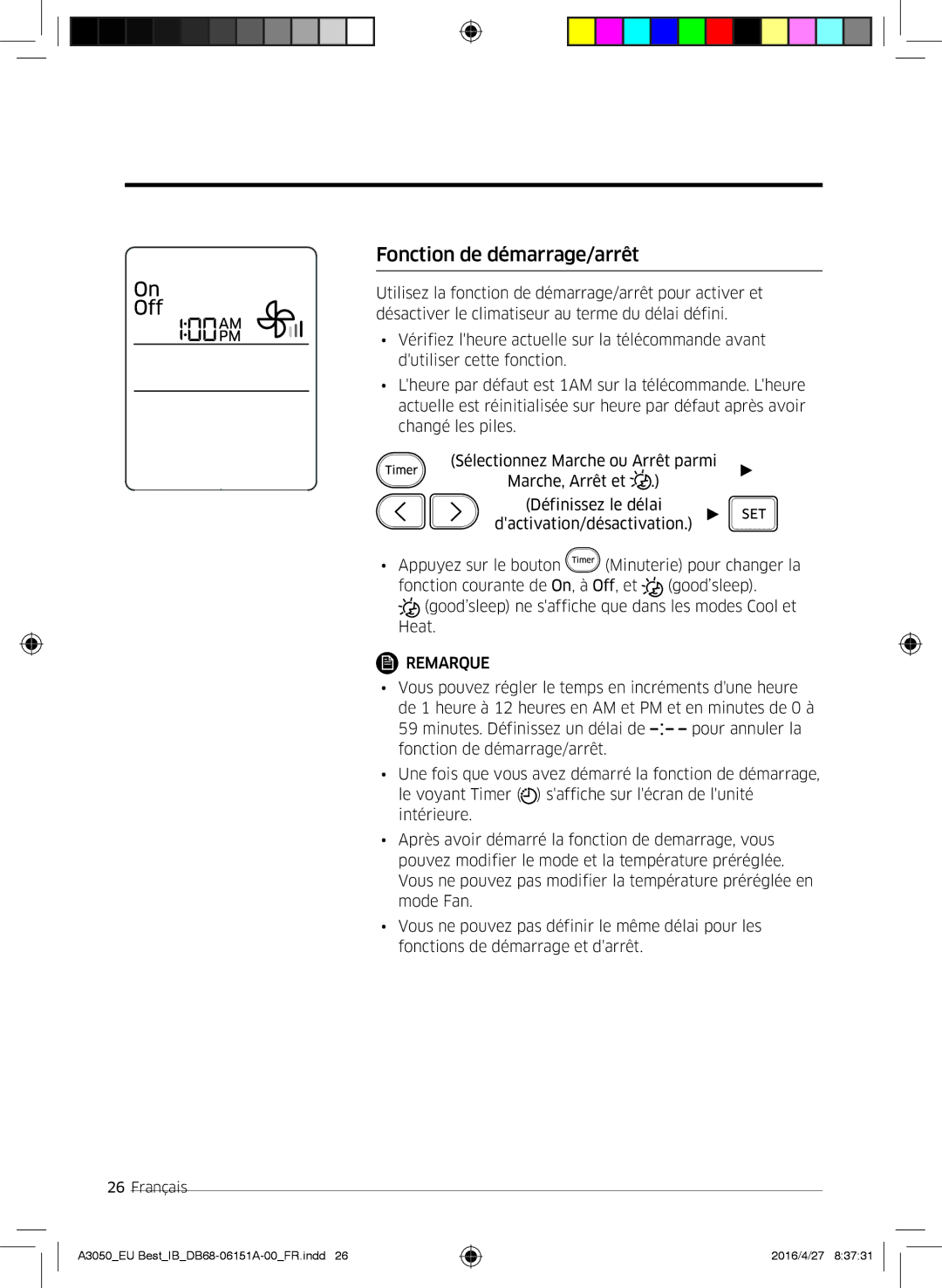 Samsung AR12JSPFAWKNEU, AR09HSSFAWKNEU, AR12HSSFAWKNEU, AR09JSPFAWKNEU manual Fonction de démarrage/arrêt 