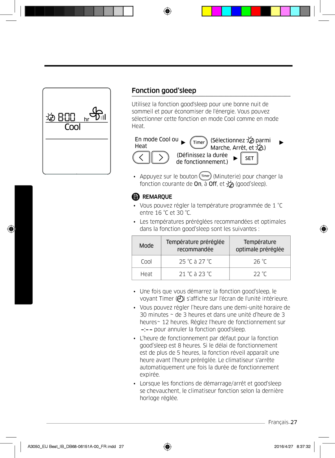 Samsung AR09HSSFAWKNEU, AR12HSSFAWKNEU, AR09JSPFAWKNEU, AR12JSPFAWKNEU manual Fonction good’sleep, 22 C 