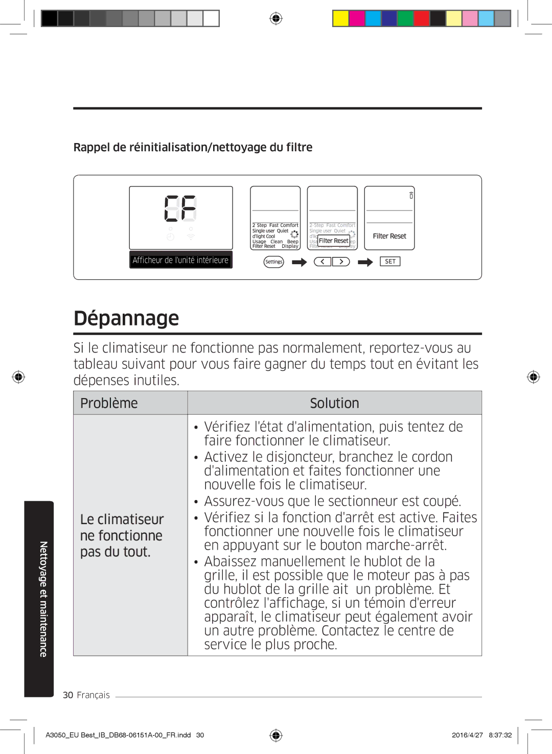 Samsung AR12JSPFAWKNEU, AR09HSSFAWKNEU, AR12HSSFAWKNEU manual Dépannage, Rappel de réinitialisation/nettoyage du filtre 