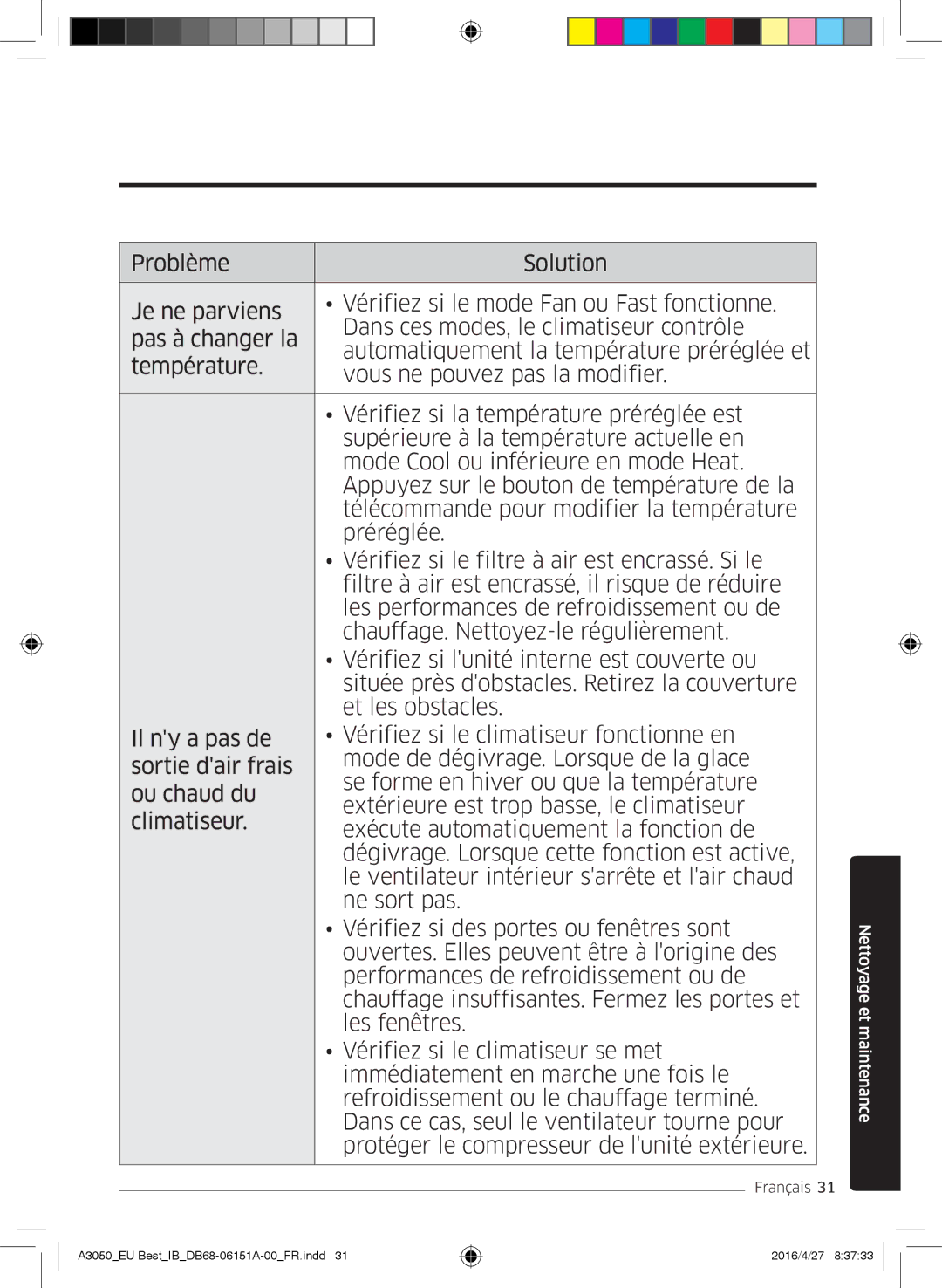 Samsung AR09HSSFAWKNEU, AR12HSSFAWKNEU, AR09JSPFAWKNEU, AR12JSPFAWKNEU manual Nettoyage et maintenance 