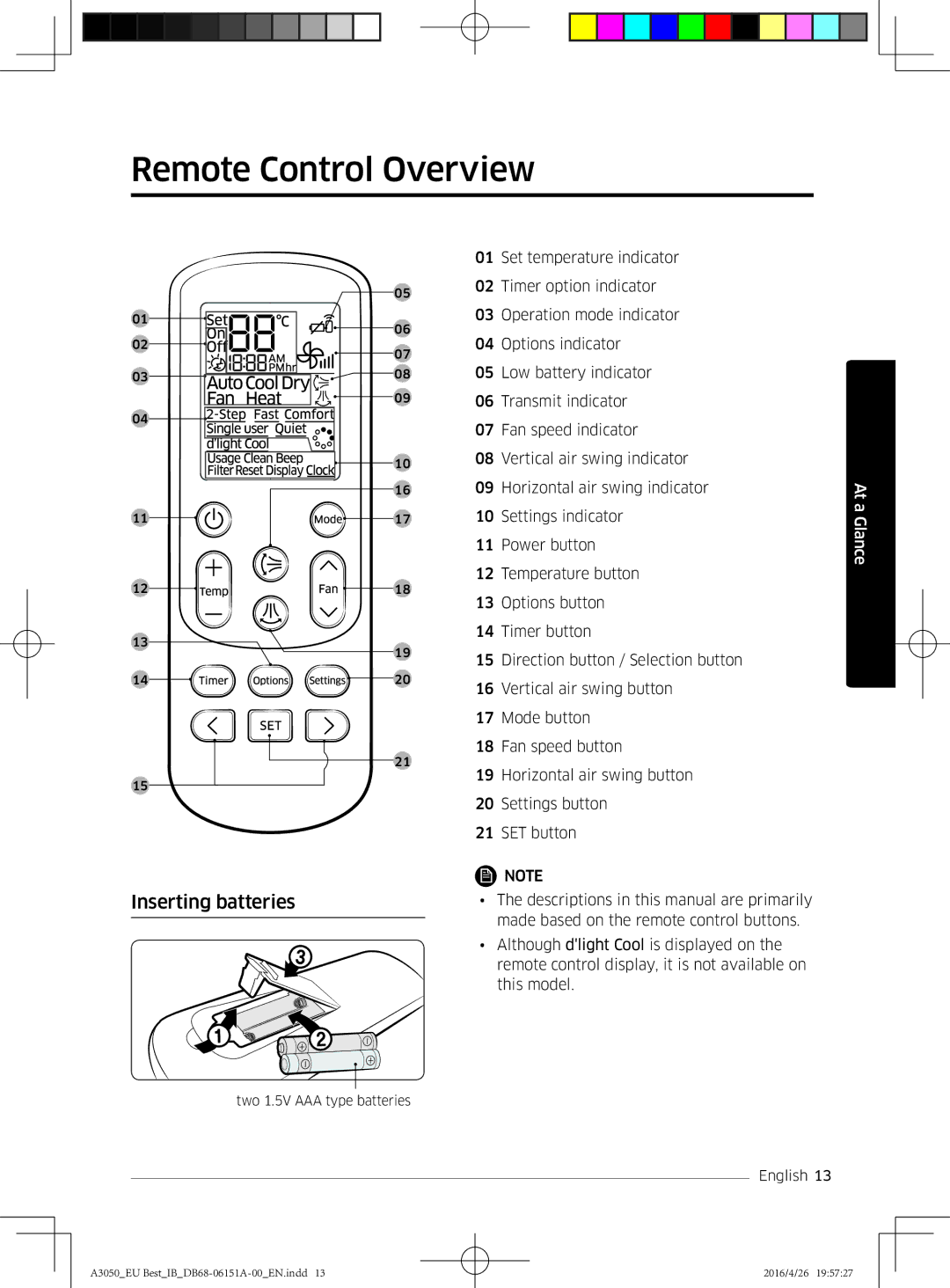 Samsung AR09HSSFBWKNEU, AR09HSSFAWKNEU, AR12HSSFAWKNEU, AR09JSPFAWKNEU manual Remote Control Overview, Inserting batteries 