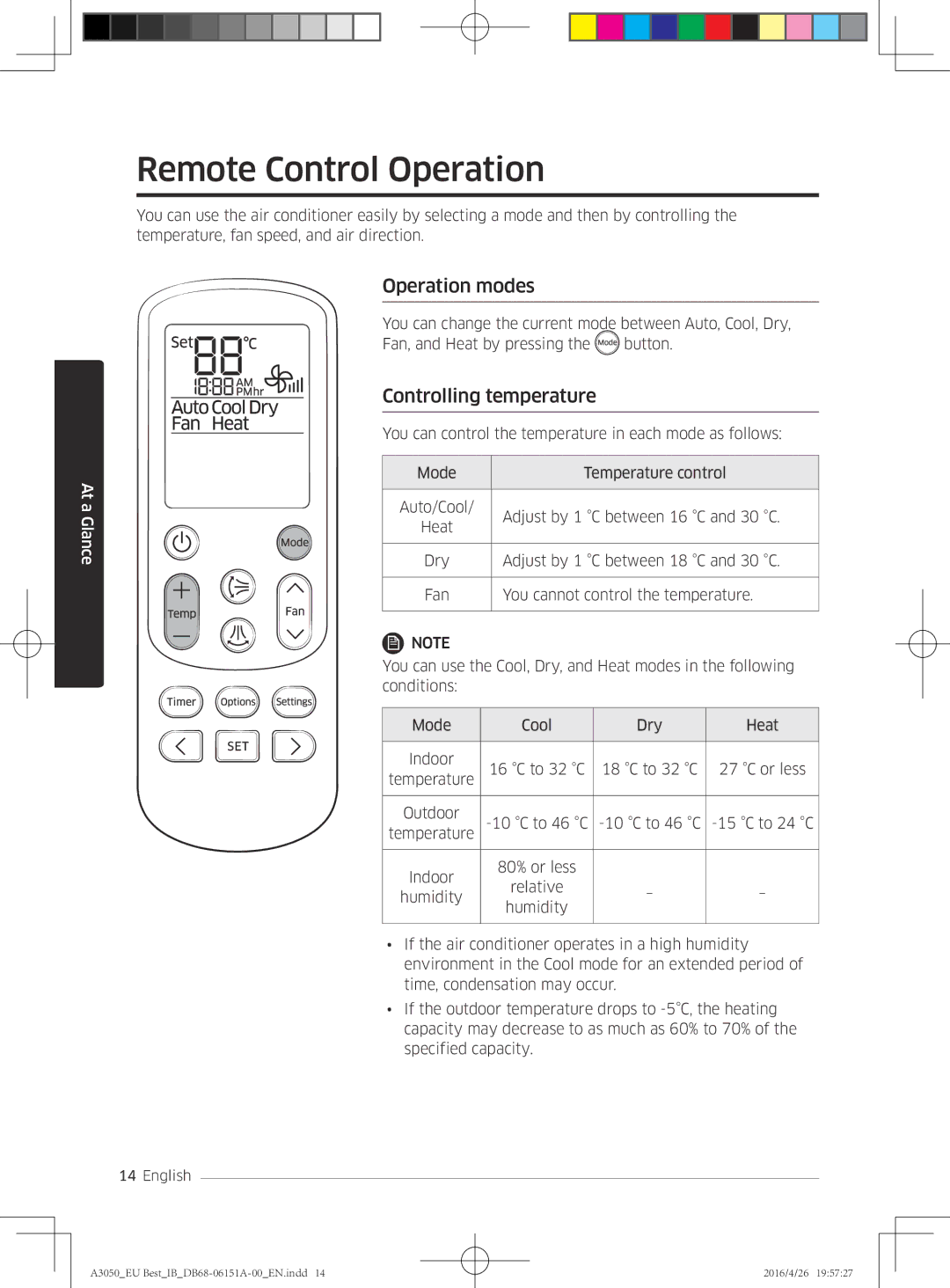 Samsung AR12HSSFBWKNEU, AR09HSSFAWKNEU, AR12HSSFAWKNEU Remote Control Operation, Operation modes, Controlling temperature 