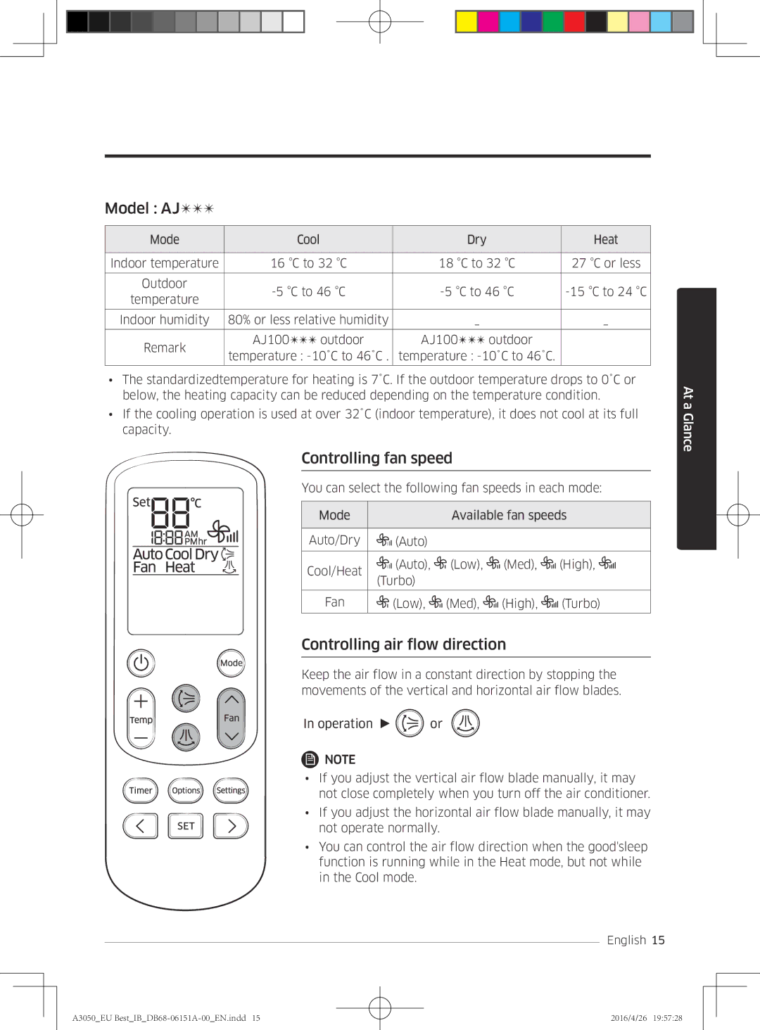 Samsung AR09HSSFAWKNEU, AR12HSSFAWKNEU, AR09JSPFAWKNEU Model AJ, Controlling fan speed, Controlling air flow direction 