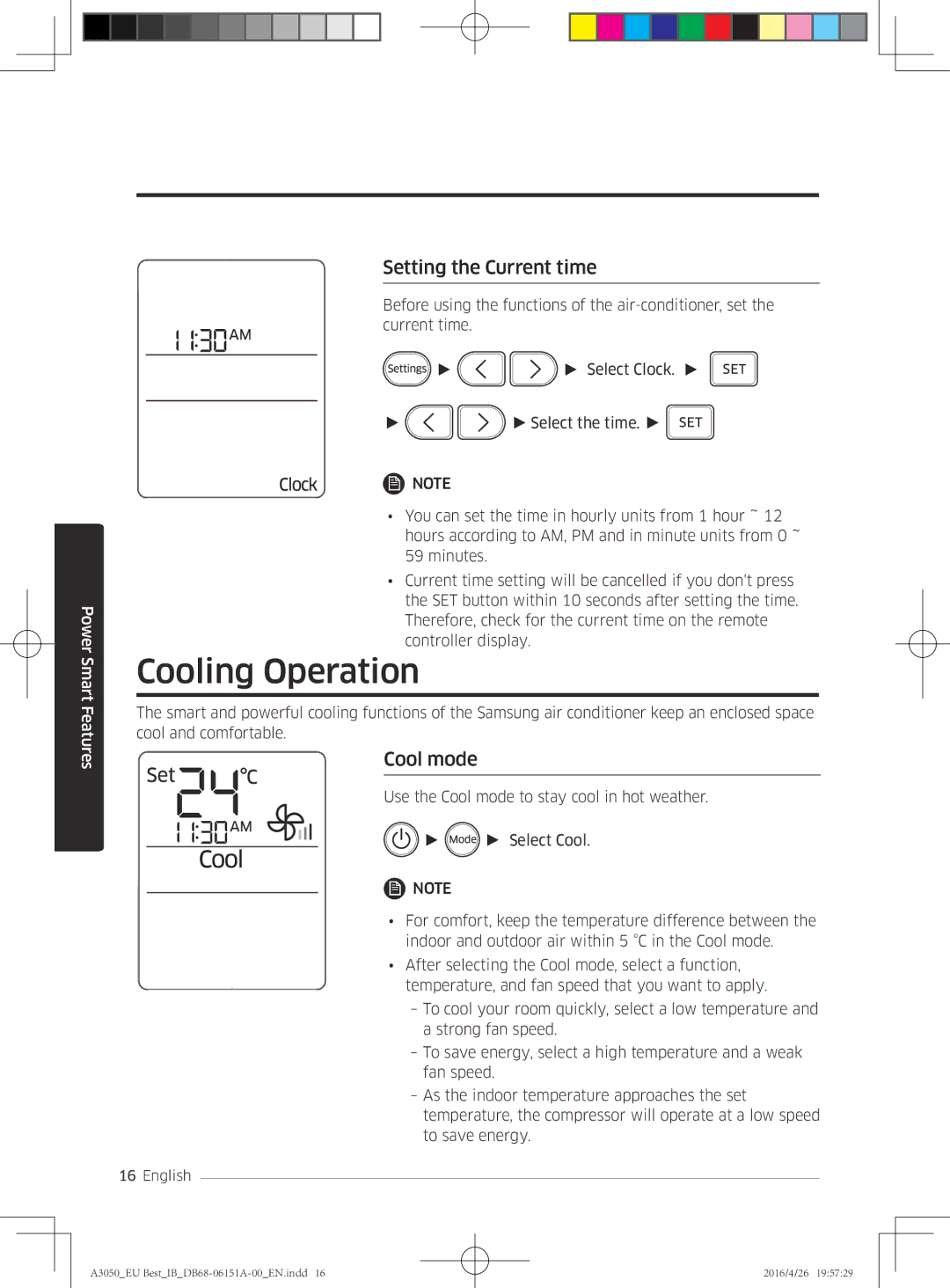 Samsung AR12HSSFAWKNEU, AR09HSSFAWKNEU, AR09JSPFAWKNEU manual Cooling Operation, Setting the Current time, Cool mode 