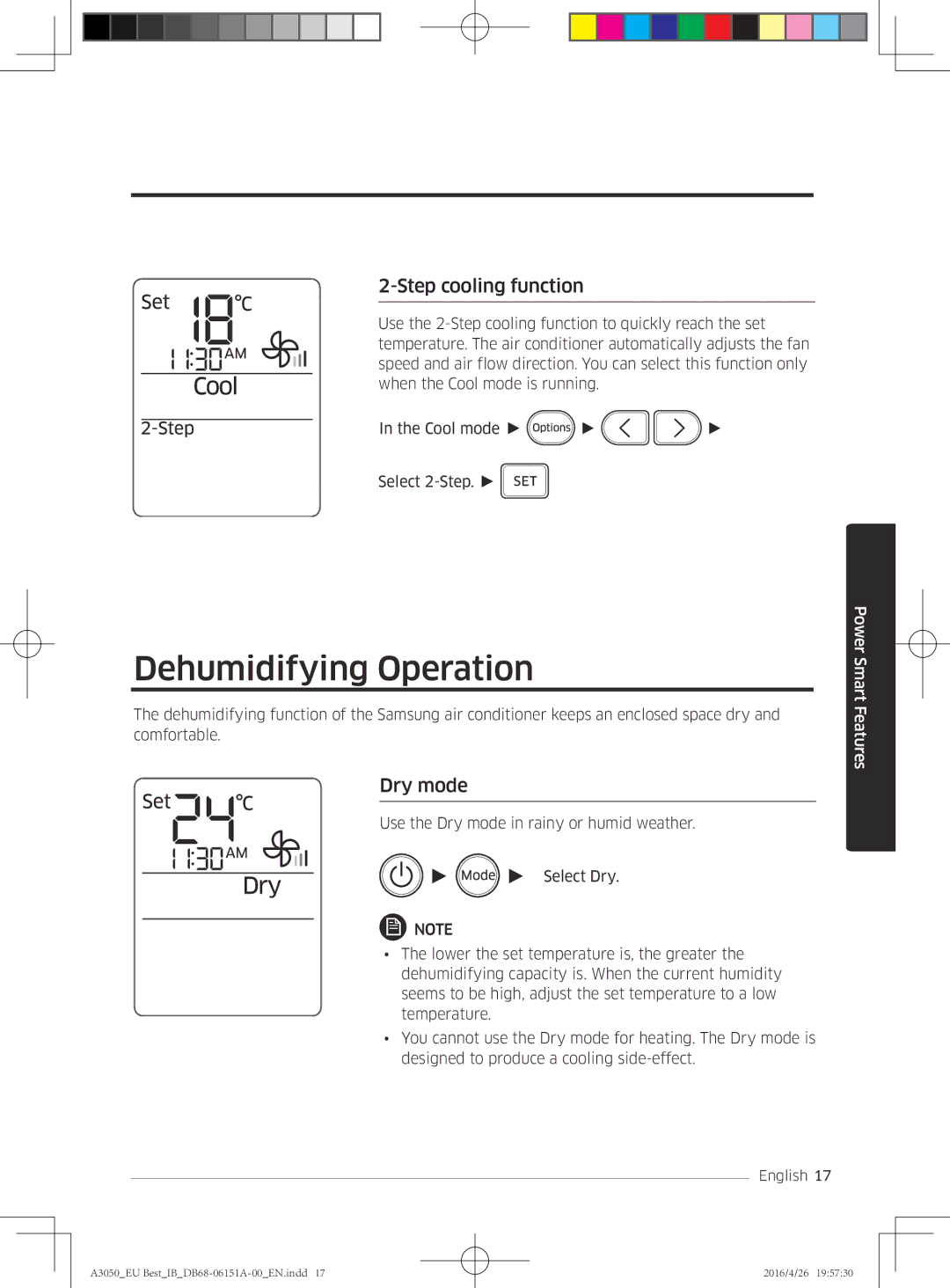 Samsung AR09JSPFAWKNEU, AR09HSSFAWKNEU, AR12HSSFAWKNEU manual Dehumidifying Operation, Step cooling function, Dry mode 