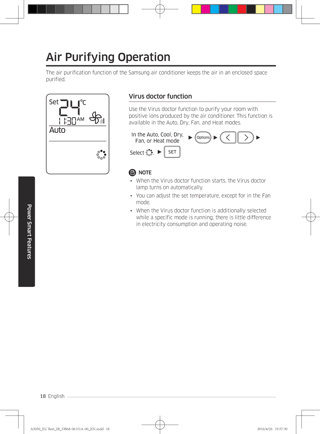 Samsung AR12JSPFAWKNEU, AR09HSSFAWKNEU, AR12HSSFAWKNEU, AR09JSPFAWKNEU manual Air Purifying Operation, Virus doctor function 