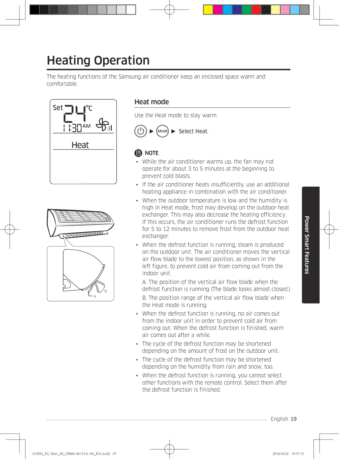 Samsung AR09JSPFBWKNEU, AR09HSSFAWKNEU, AR12HSSFAWKNEU, AR09JSPFAWKNEU, AR12JSPFAWKNEU manual Heating Operation, Heat mode 