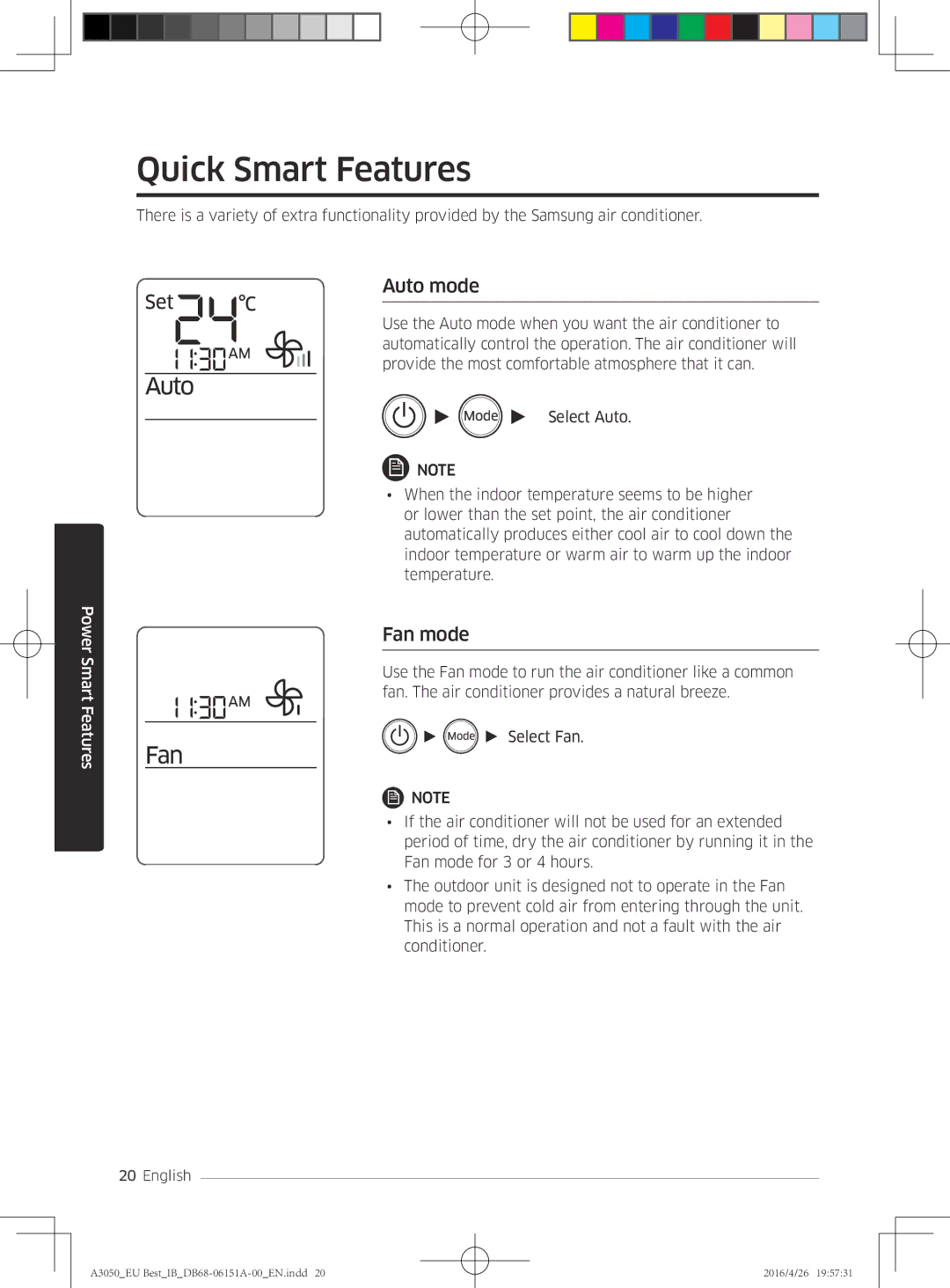 Samsung AR12JSPFBWKNEU, AR09HSSFAWKNEU, AR12HSSFAWKNEU, AR09JSPFAWKNEU manual Quick Smart Features, Auto mode, Fan mode 