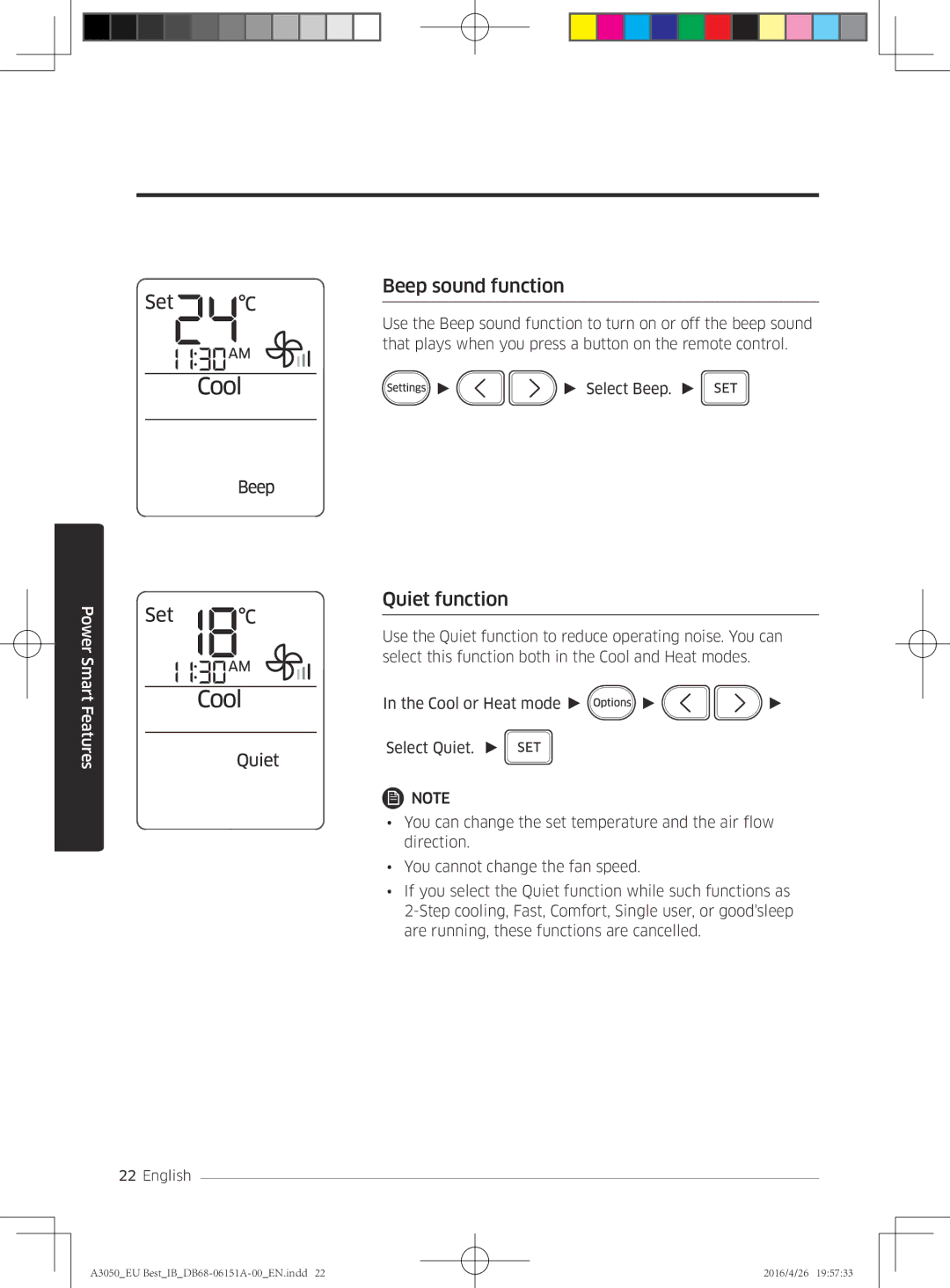 Samsung AR12HSSFBWKNEU, AR09HSSFAWKNEU, AR12HSSFAWKNEU, AR09JSPFAWKNEU, AR12JSPFAWKNEU Beep sound function, Quiet function 