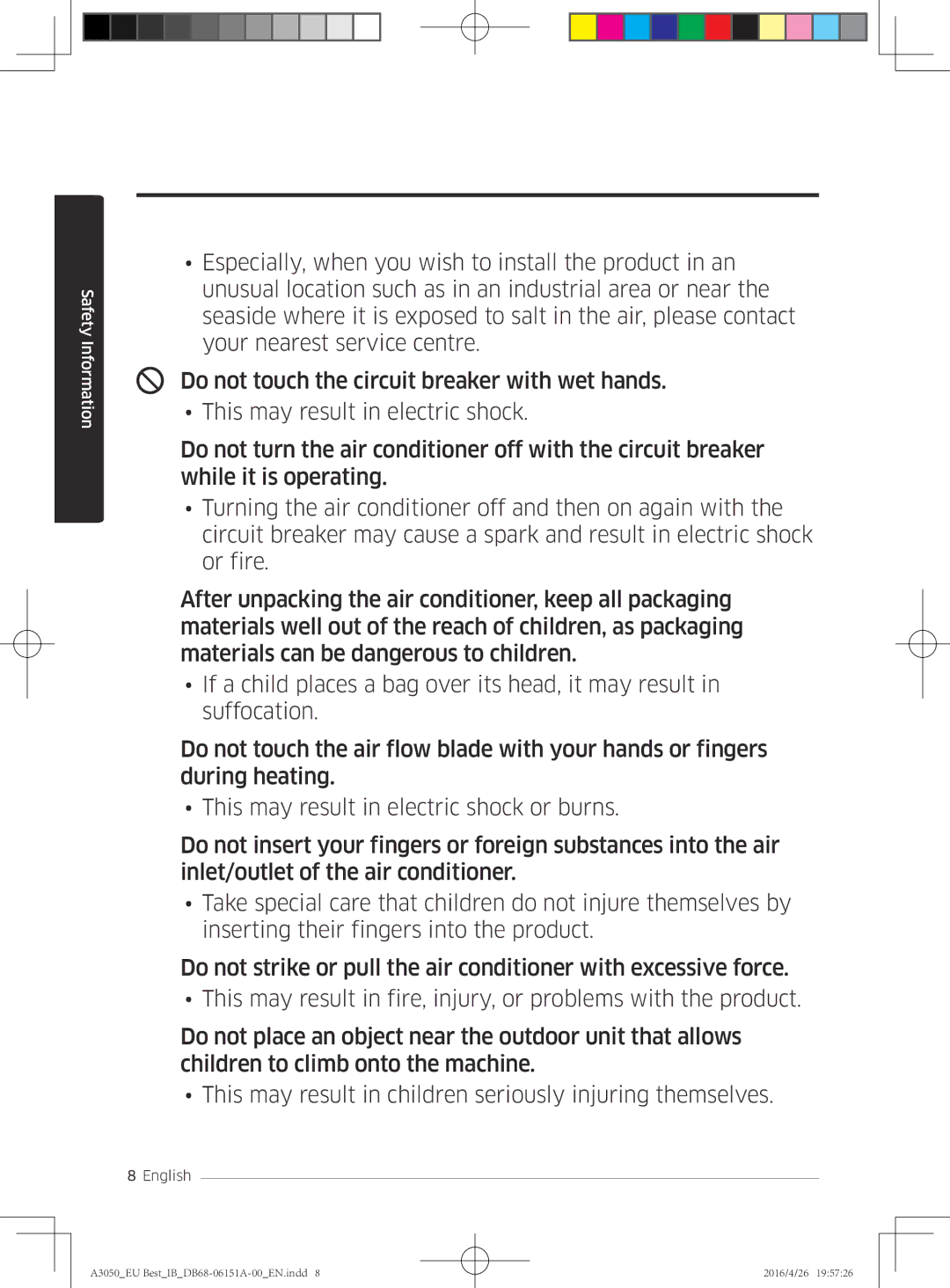 Samsung AR12HSSFAWKNEU, AR09HSSFAWKNEU, AR09JSPFAWKNEU, AR12JSPFAWKNEU, AR09JSPFBWKNEU, AR12JSPFBWKNEU manual Safety Information 