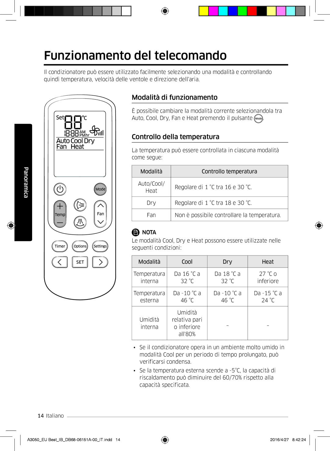 Samsung AR12HSSFBWKNEU manual Funzionamento del telecomando, Modalità di funzionamento, Controllo della temperatura 