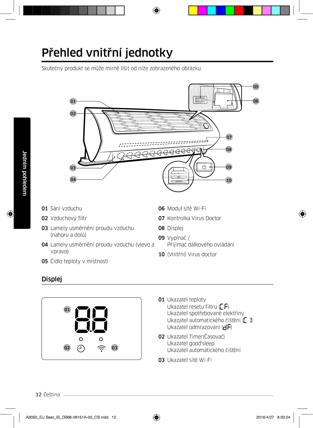 Samsung AR12JSPFBWKNEU, AR09HSSFAWKNEU, AR12HSSFAWKNEU, AR09JSPFAWKNEU, AR12JSPFAWKNEU manual Přehled vnitřní jednotky, Displej 