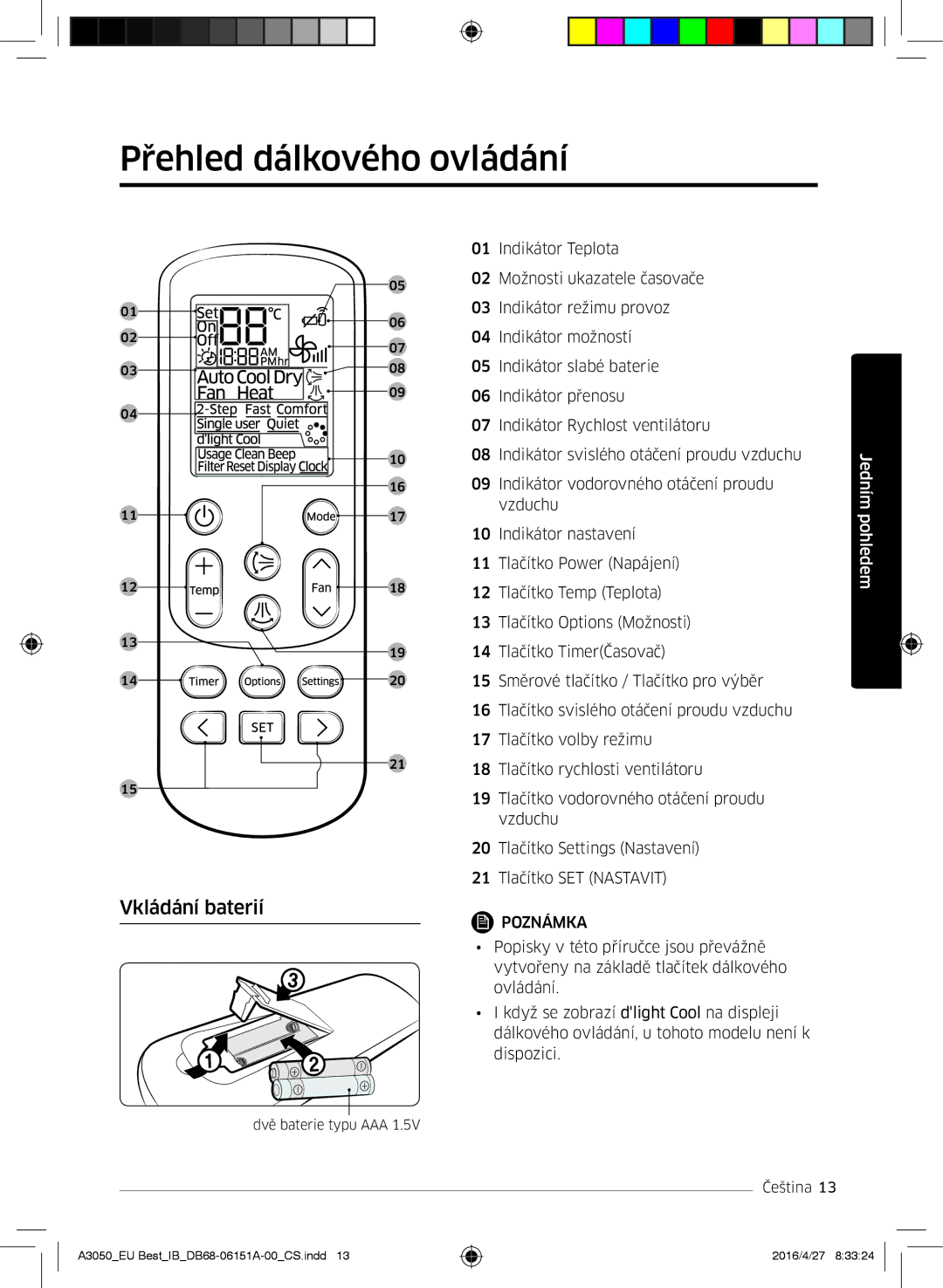 Samsung AR09HSSFBWKNEU, AR09HSSFAWKNEU, AR12HSSFAWKNEU, AR09JSPFAWKNEU manual Přehled dálkového ovládání, Vkládání baterií 