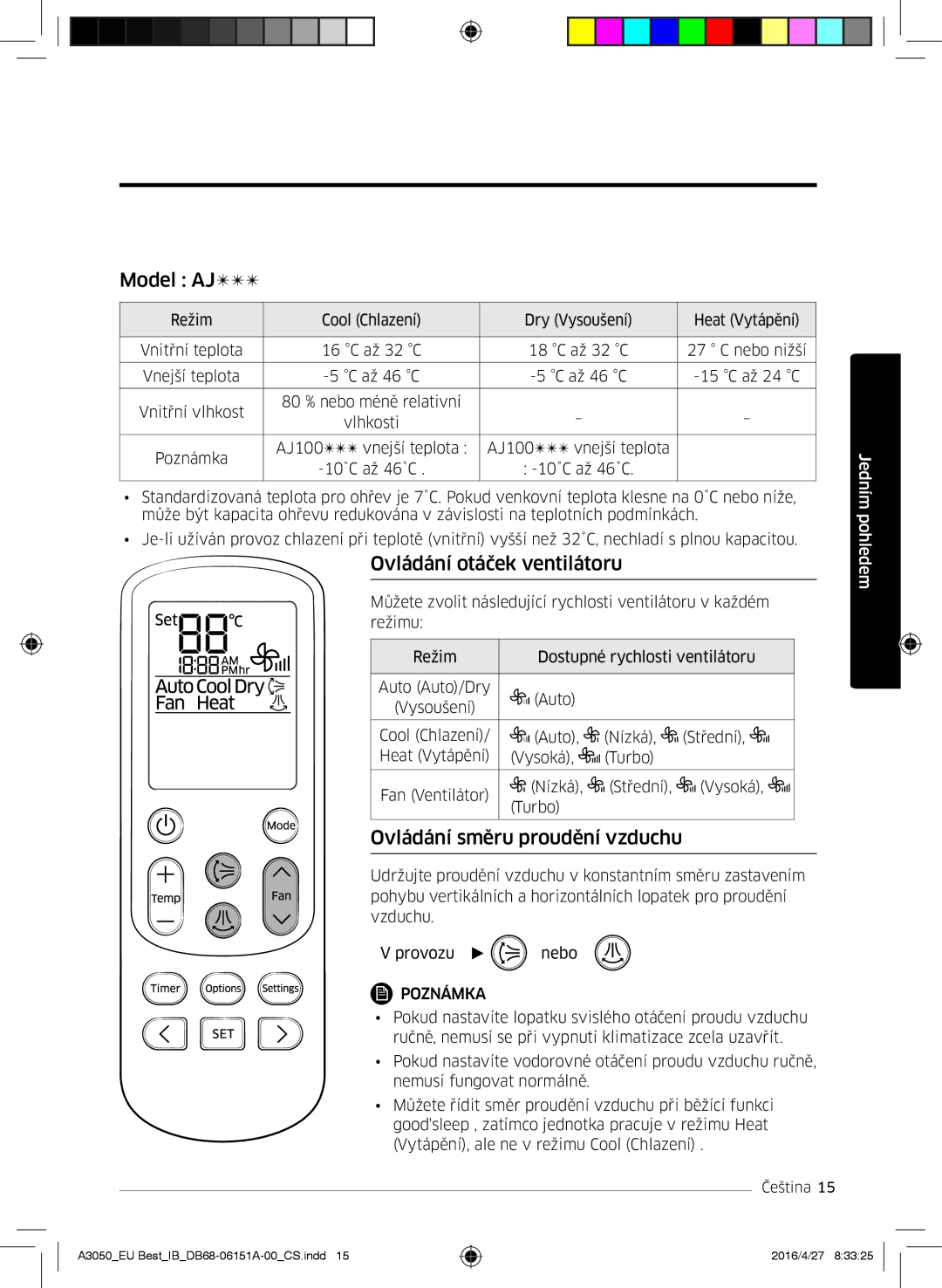 Samsung AR09HSSFAWKNEU, AR12HSSFAWKNEU manual Model AJ, Ovládání otáček ventilátoru, Ovládání směru proudění vzduchu 