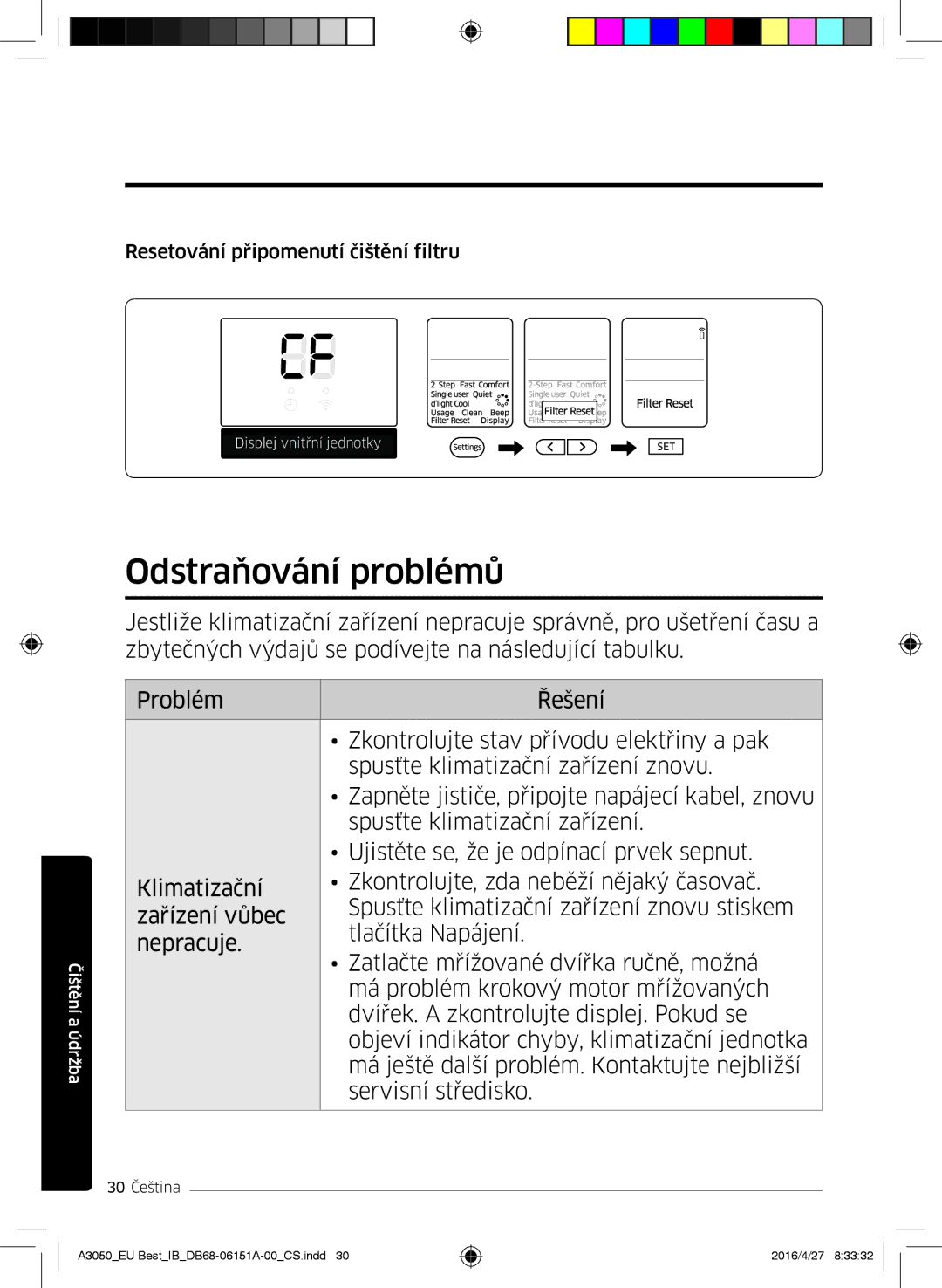 Samsung AR12HSSFBWKNEU, AR09HSSFAWKNEU, AR12HSSFAWKNEU manual Odstraňování problémů, Resetování připomenutí čištění filtru 