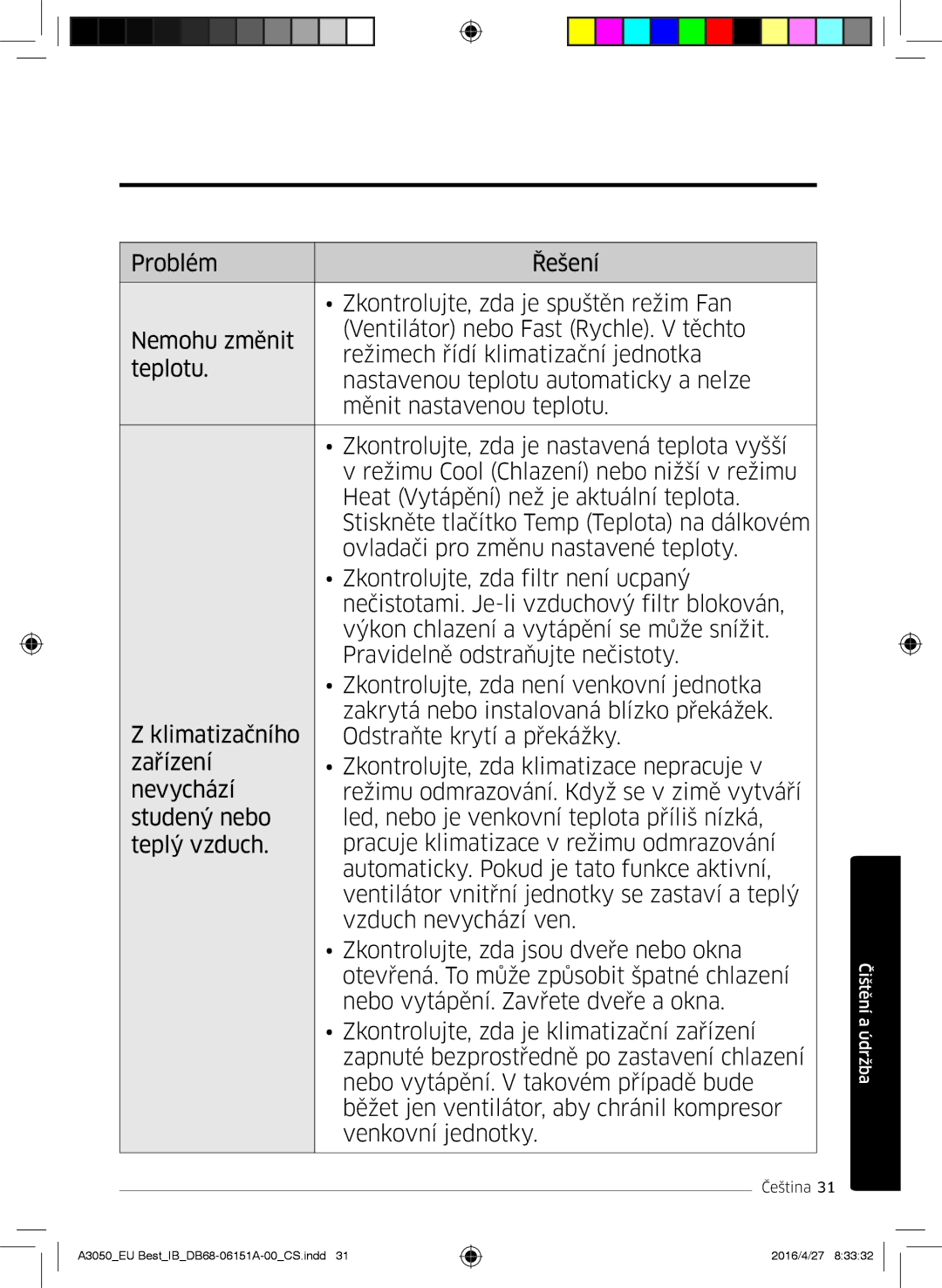 Samsung AR09HSSFAWKNEU, AR12HSSFAWKNEU, AR09JSPFAWKNEU, AR12JSPFAWKNEU, AR09JSPFBWKNEU, AR12JSPFBWKNEU manual Čištění a údržba 