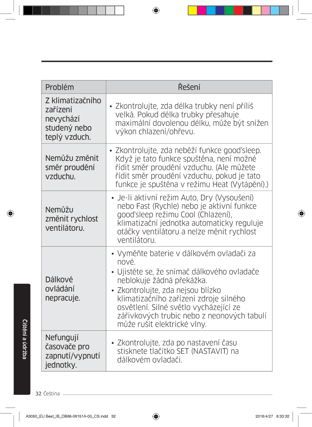 Samsung AR12HSSFAWKNEU, AR09HSSFAWKNEU, AR09JSPFAWKNEU, AR12JSPFAWKNEU, AR09JSPFBWKNEU, AR12JSPFBWKNEU manual 32 Čeština 