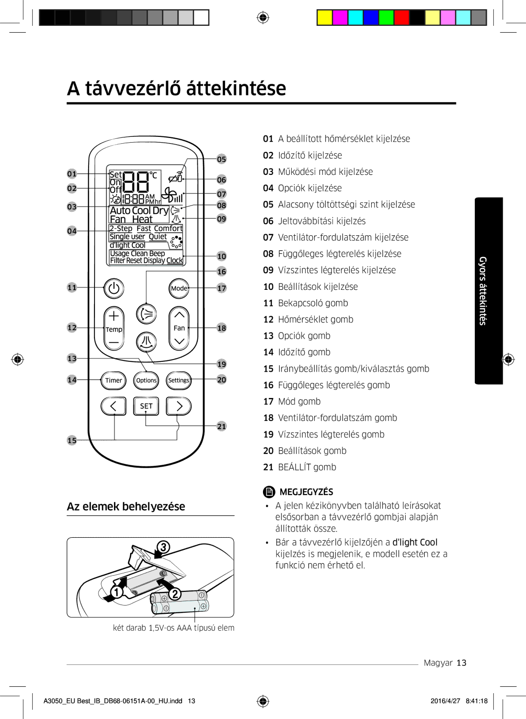 Samsung AR09HSSFBWKNEU, AR09HSSFAWKNEU, AR12HSSFAWKNEU, AR09JSPFAWKNEU manual Távvezérlő áttekintése, Az elemek behelyezése 