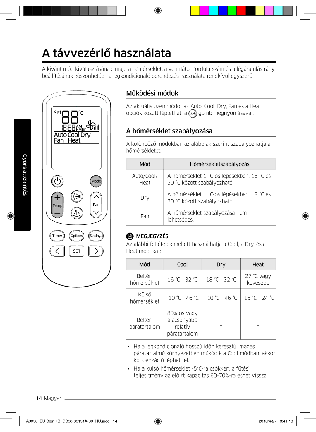 Samsung AR12HSSFBWKNEU, AR09HSSFAWKNEU, AR12HSSFAWKNEU manual Távvezérlő használata, Működési módok, Hőmérséklet szabályozása 