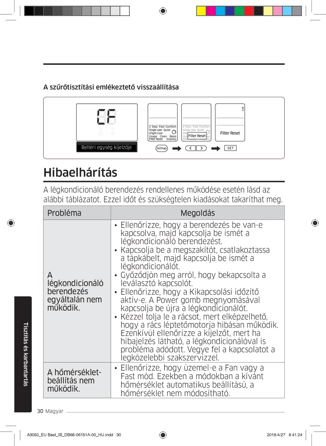 Samsung AR12HSSFBWKNEU, AR09HSSFAWKNEU, AR12HSSFAWKNEU manual Hibaelhárítás, Szűrőtisztítási emlékeztető visszaállítása 