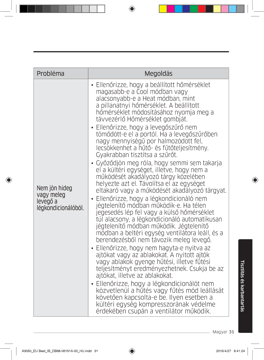 Samsung AR09HSSFAWKNEU, AR12HSSFAWKNEU, AR09JSPFAWKNEU, AR12JSPFAWKNEU, AR09JSPFBWKNEU manual Tisztítás és karbantartás 