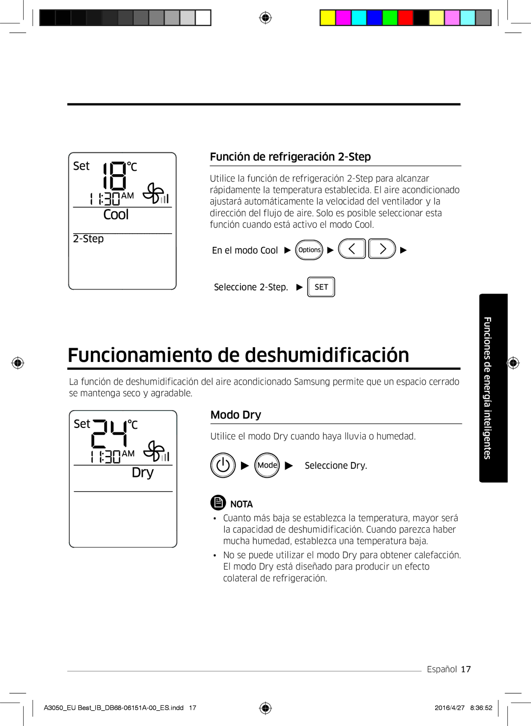 Samsung AR09HSSFAWKNEU, AR12HSSFAWKNEU manual Funcionamiento de deshumidificación, Función de refrigeración 2-Step, Modo Dry 