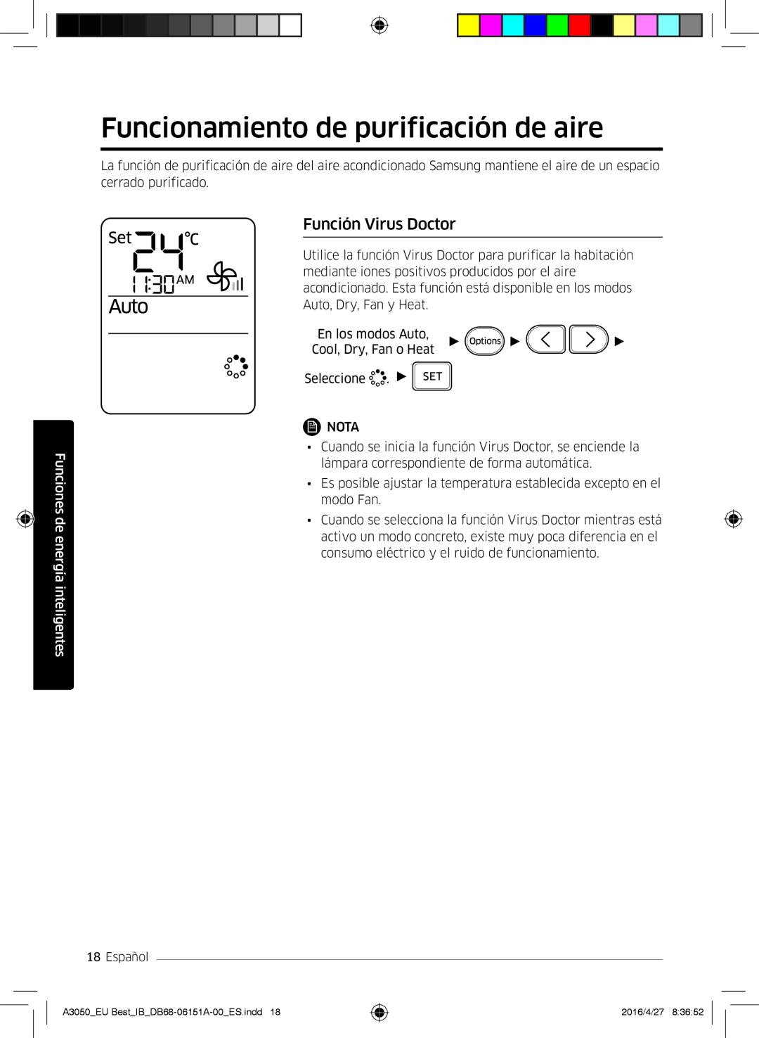 Samsung AR12HSSFAWKNEU, AR09HSSFAWKNEU, AR09JSPFBWKNEU manual Funcionamiento de purificación de aire, Función Virus Doctor 