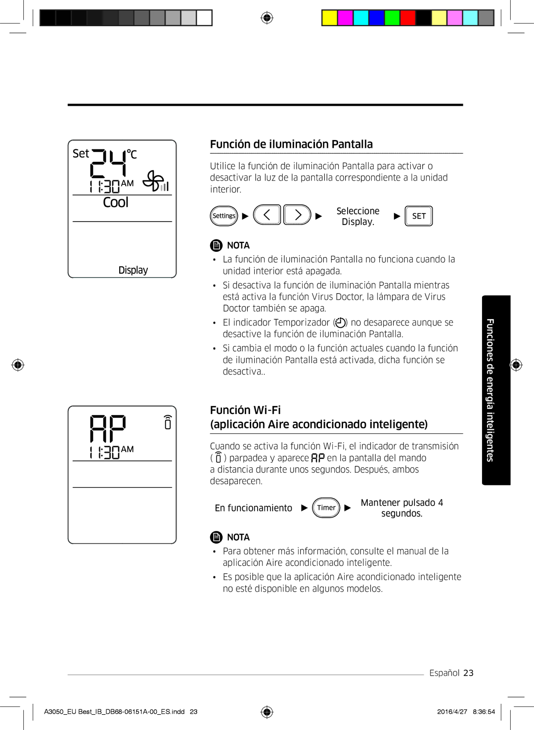 Samsung AR09HSSFAWKNEU manual Función de iluminación Pantalla, Función Wi-Fi Aplicación Aire acondicionado inteligente 