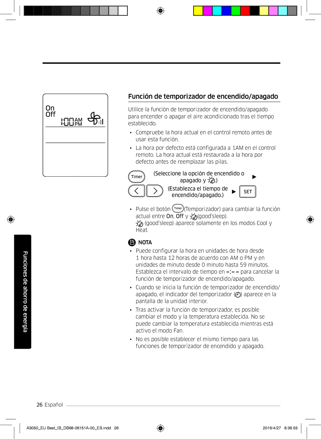 Samsung AR12JSPFBWKNEU, AR09HSSFAWKNEU, AR12HSSFAWKNEU, AR09JSPFBWKNEU manual Función de temporizador de encendido/apagado 