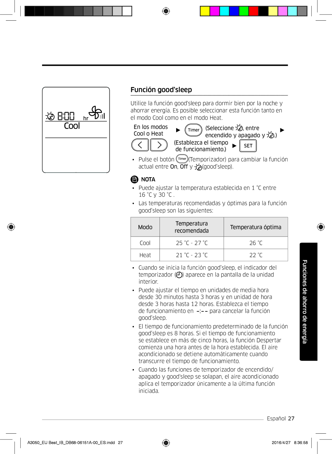 Samsung AR09HSSFBWKNEU, AR09HSSFAWKNEU, AR12HSSFAWKNEU, AR09JSPFBWKNEU, AR12JSPFBWKNEU, AR12HSSFBWKNEU manual Función good’sleep 