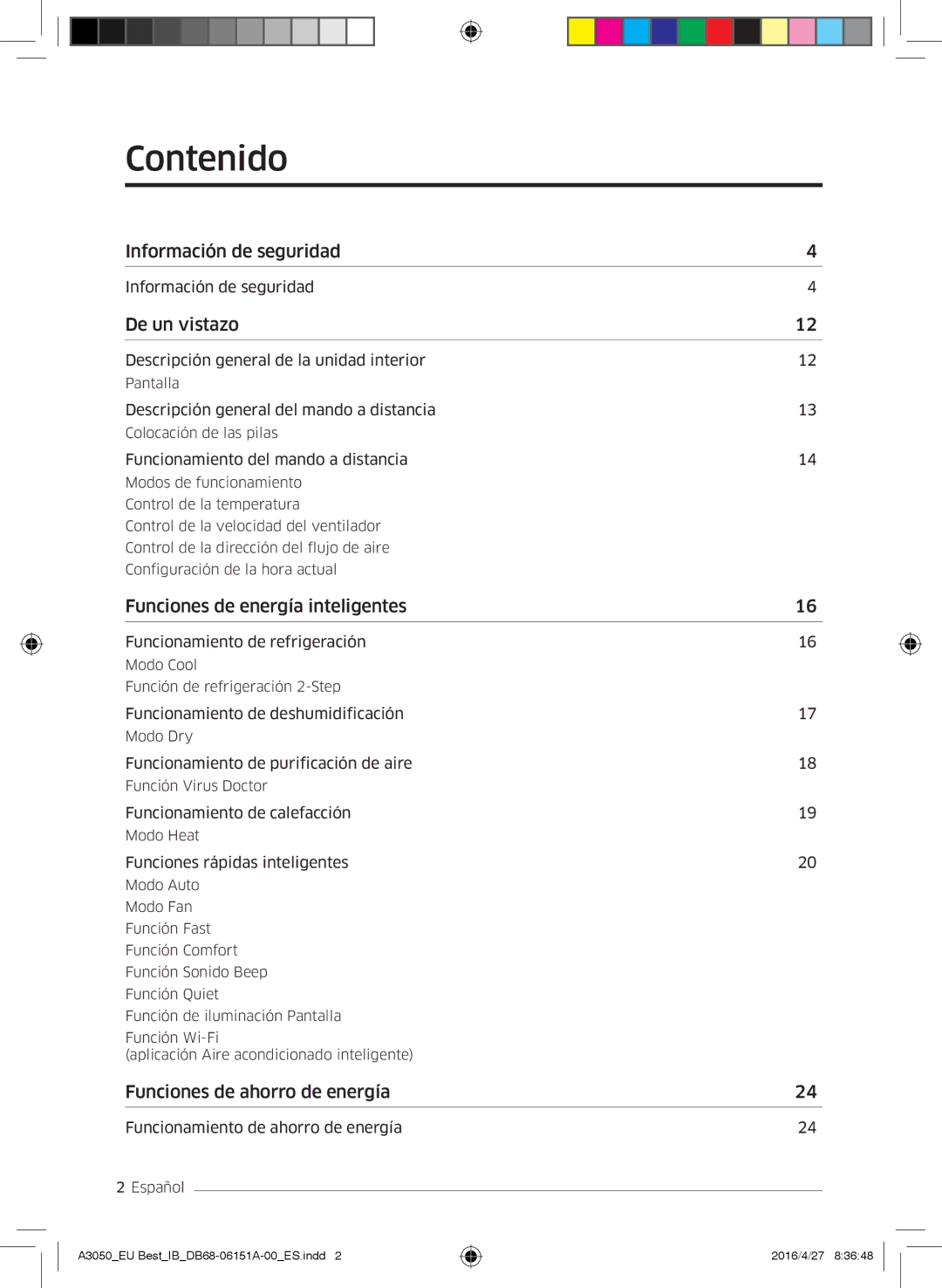 Samsung AR12JSPFBWKNEU, AR09HSSFAWKNEU, AR12HSSFAWKNEU, AR09JSPFBWKNEU, AR09HSSFBWKNEU manual Contenido, De un vistazo 