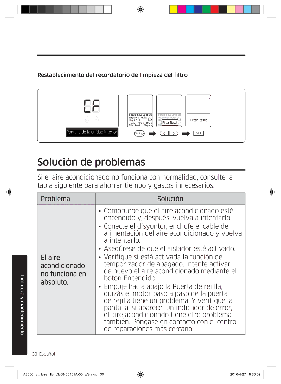 Samsung AR12HSSFAWKNEU, AR09HSSFAWKNEU Solución de problemas, Restablecimiento del recordatorio de limpieza del filtro 