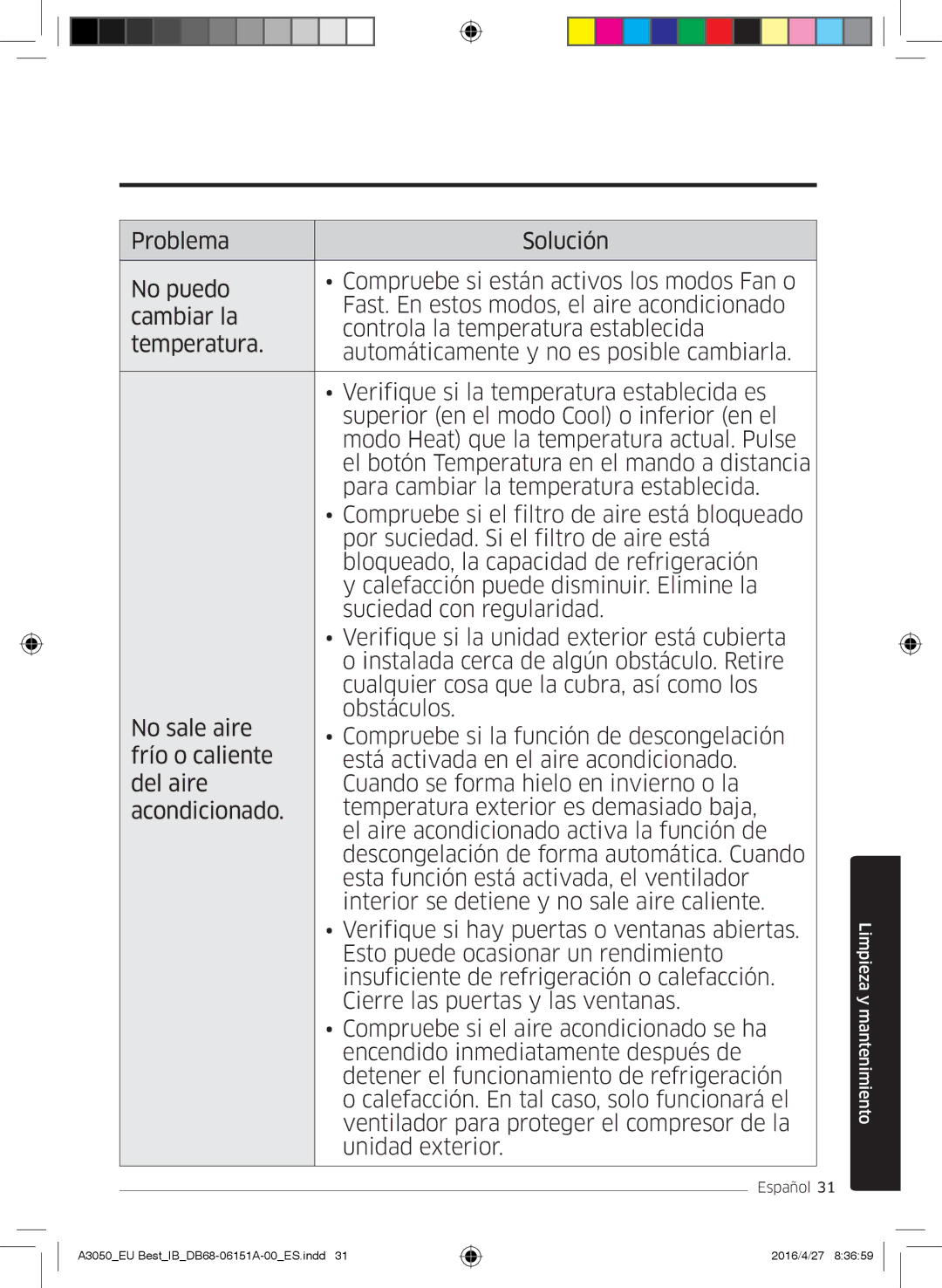 Samsung AR09JSPFBWKNEU, AR09HSSFAWKNEU, AR12HSSFAWKNEU, AR12JSPFBWKNEU, AR09HSSFBWKNEU manual Limpieza y mantenimiento 