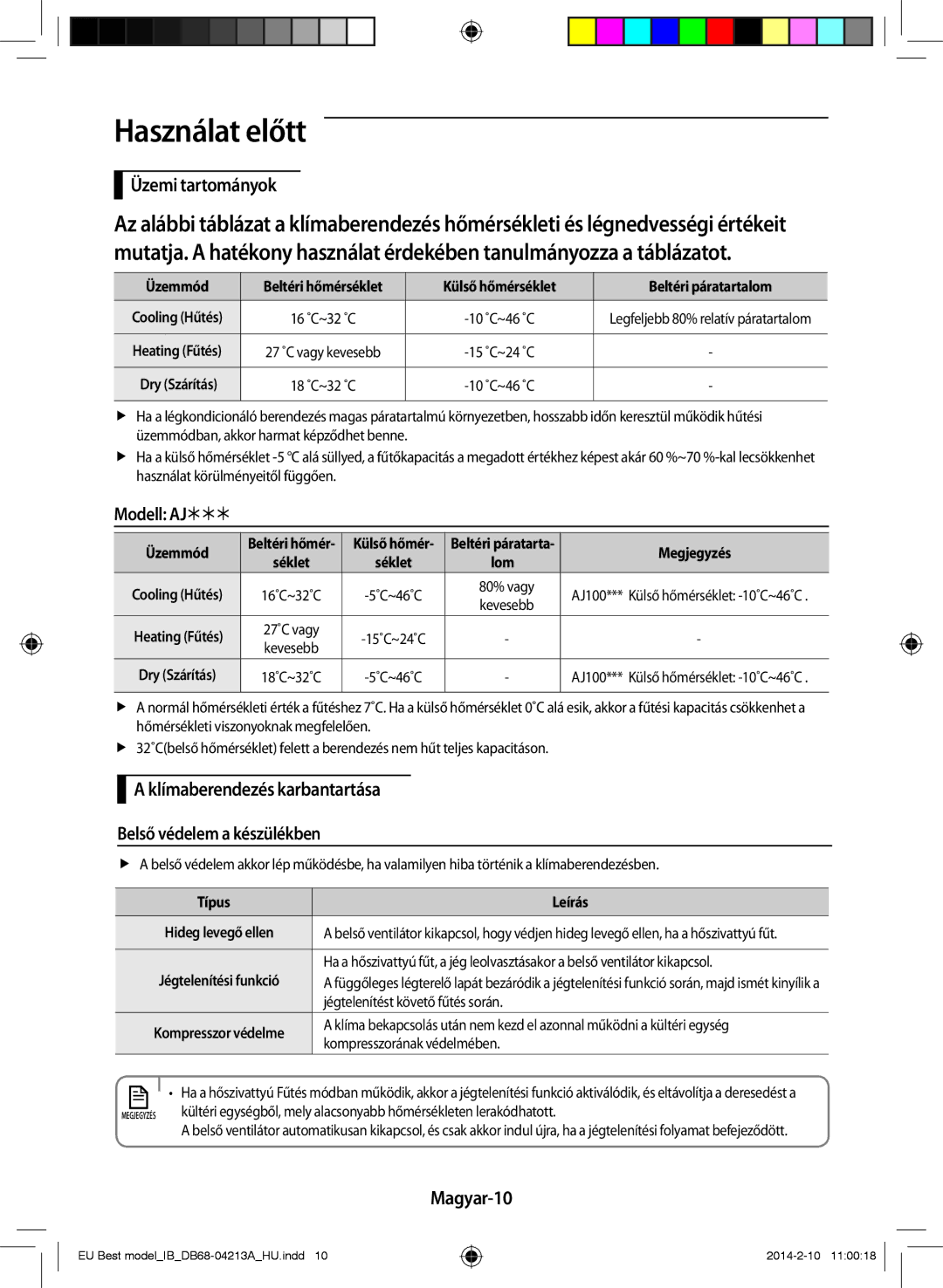 Samsung AR09HSSFBWKNEU, AR12HSSFBWKNEU manual Használat előtt, Üzemi tartományok, Modell AJ, Magyar-10 