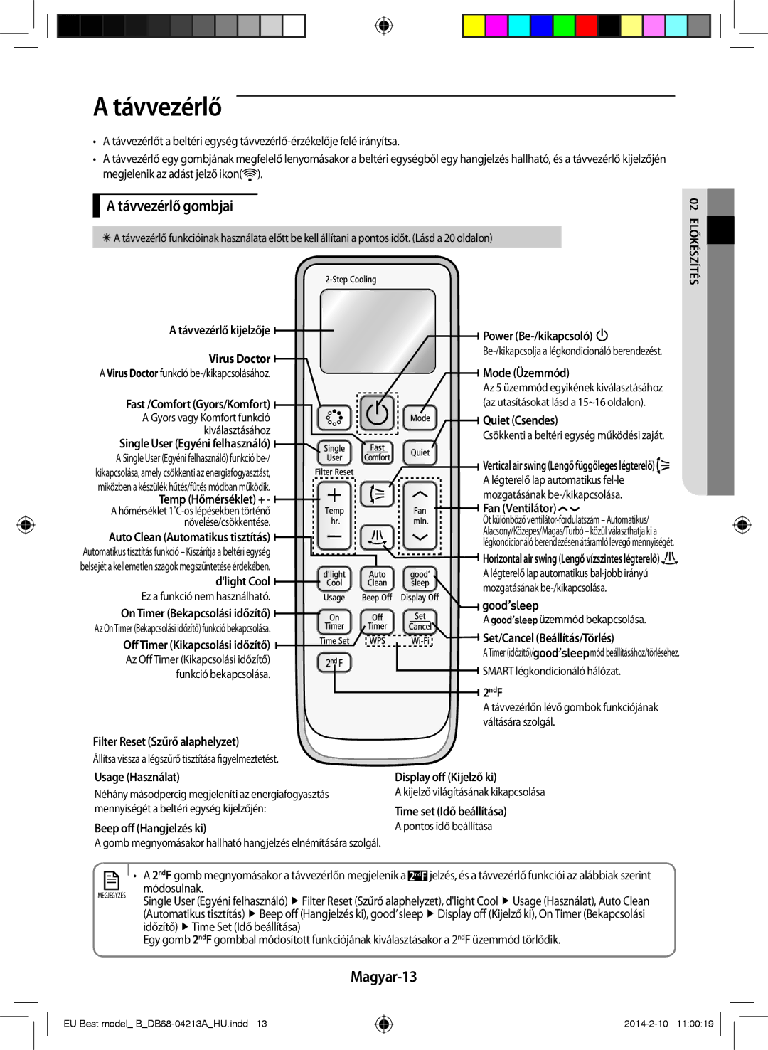 Samsung AR12HSSFBWKNEU, AR09HSSFBWKNEU manual Távvezérlő gombjai, Magyar-13 