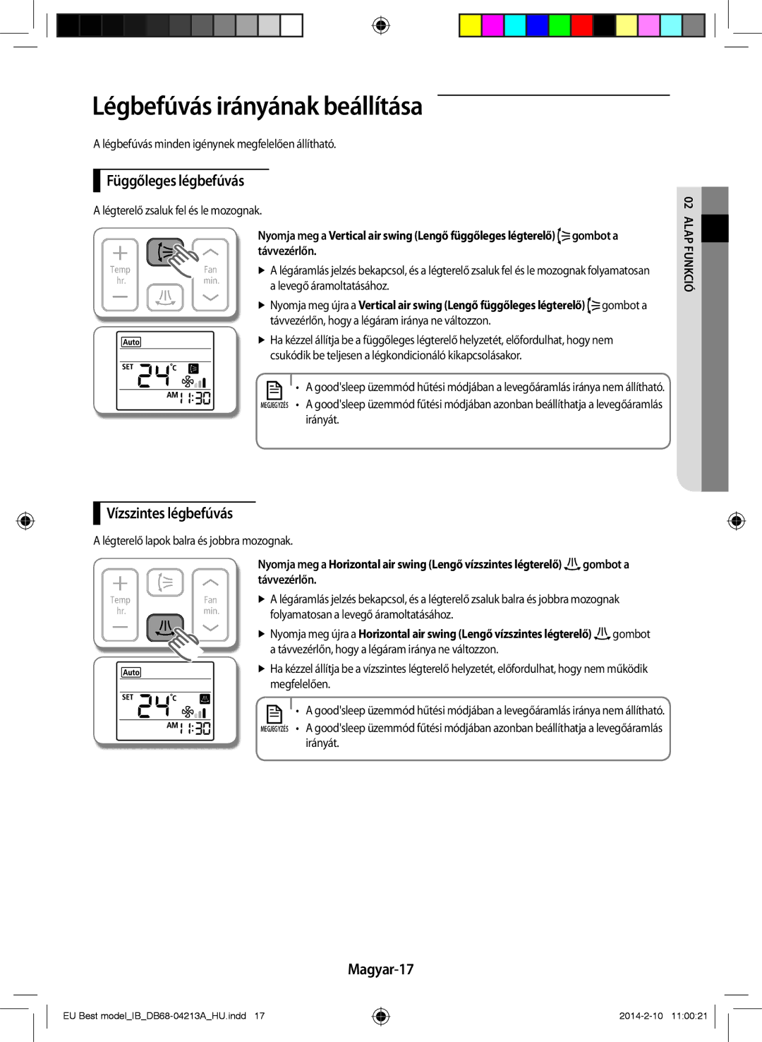 Samsung AR12HSSFBWKNEU manual Légbefúvás irányának beállítása, Függőleges légbefúvás, Vízszintes légbefúvás, Magyar-17 