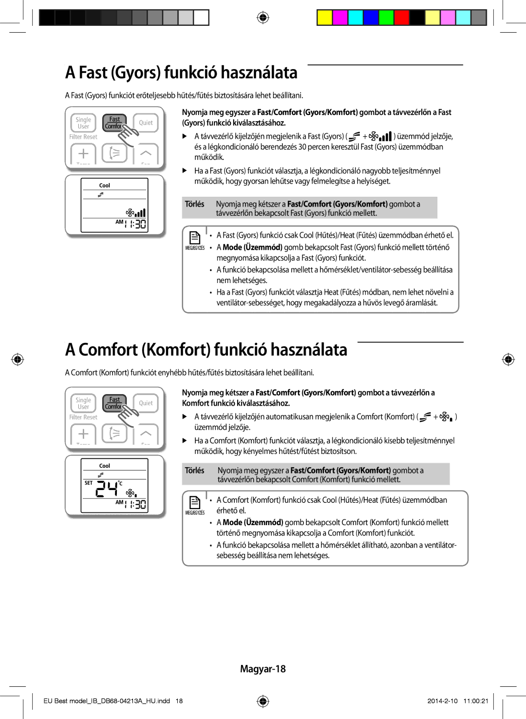 Samsung AR09HSSFBWKNEU, AR12HSSFBWKNEU manual Fast Gyors funkció használata, Comfort Komfort funkció használata, Magyar-18 