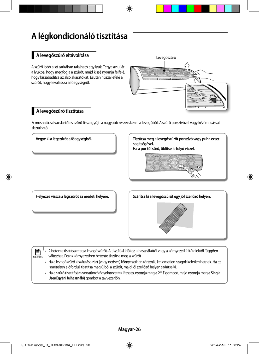 Samsung AR09HSSFBWKNEU, AR12HSSFBWKNEU manual Levegőszűrő eltávolítása, Levegőszűrő tisztítása, Magyar-26 