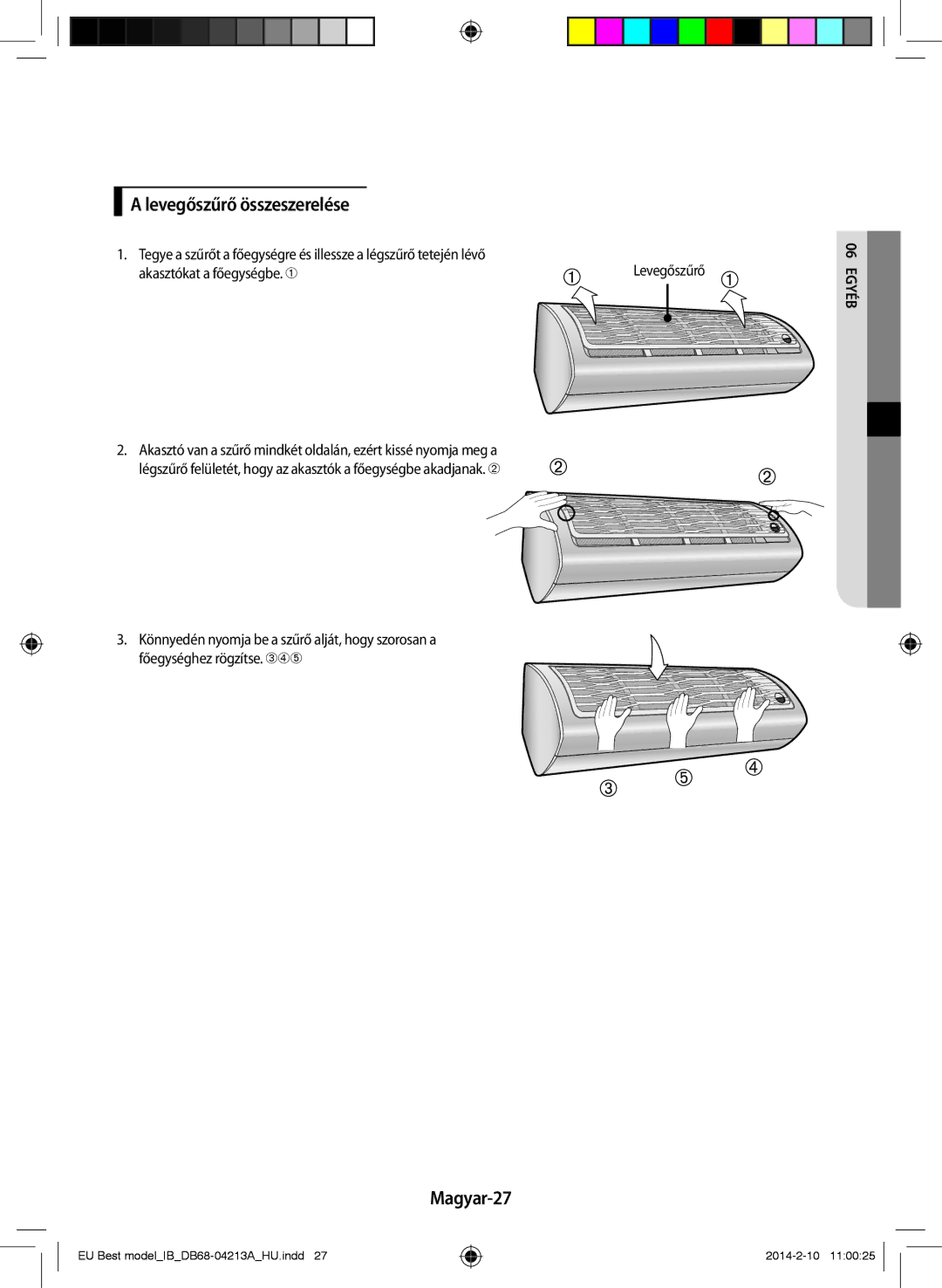 Samsung AR12HSSFBWKNEU, AR09HSSFBWKNEU manual Levegőszűrő összeszerelése, Magyar-27 