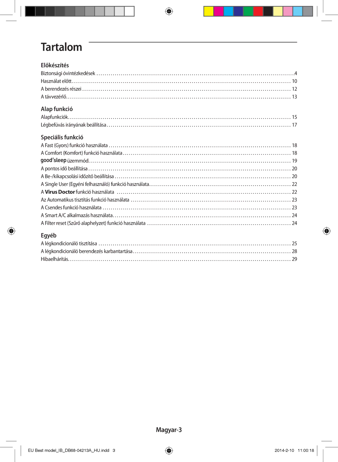 Samsung AR12HSSFBWKNEU, AR09HSSFBWKNEU manual Tartalom, Magyar-3 