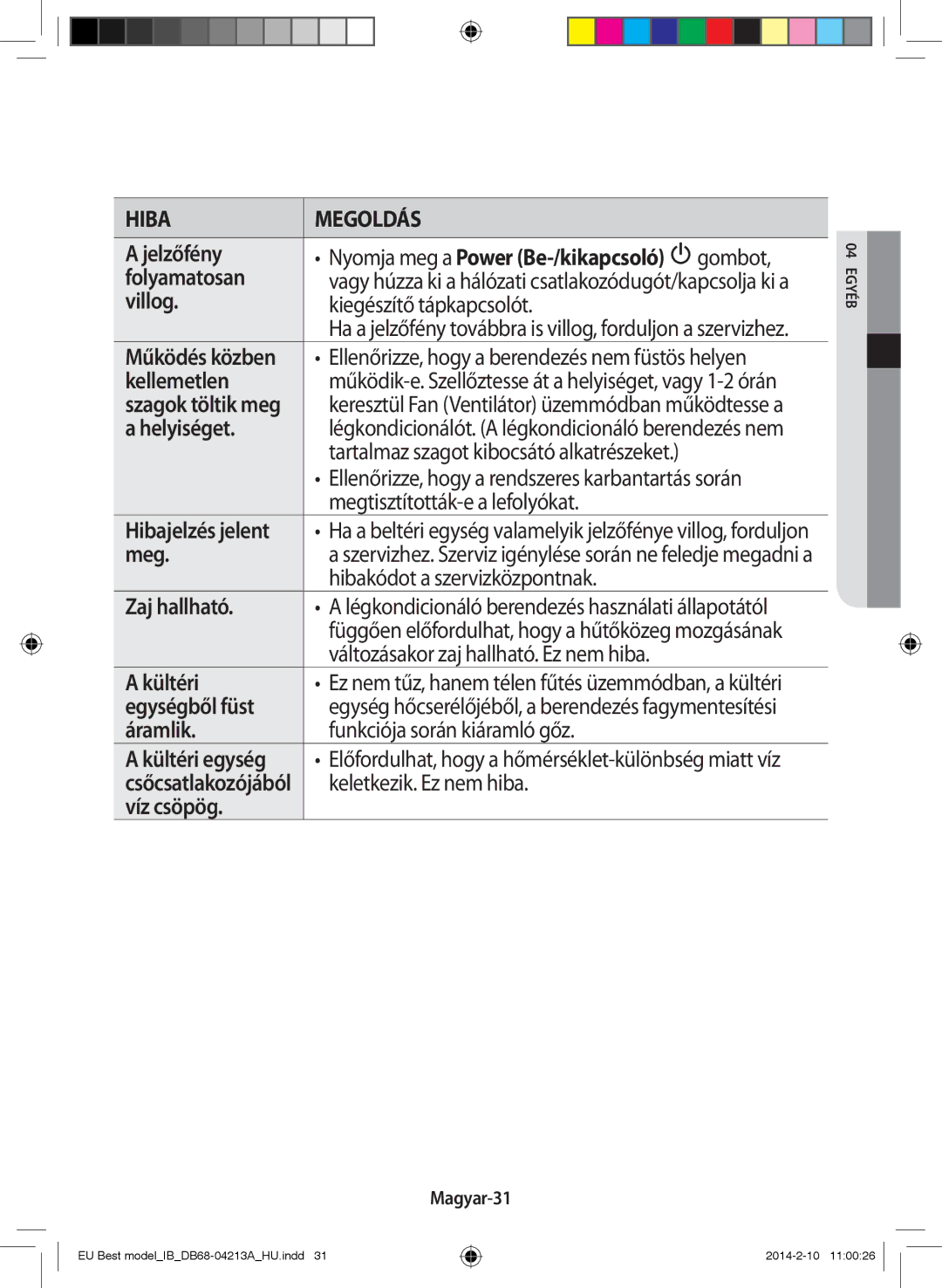 Samsung AR12HSSFBWKNEU manual Jelzőfény, Folyamatosan, Villog Kiegészítő tápkapcsolót, Kellemetlen, Helyiséget, Meg 