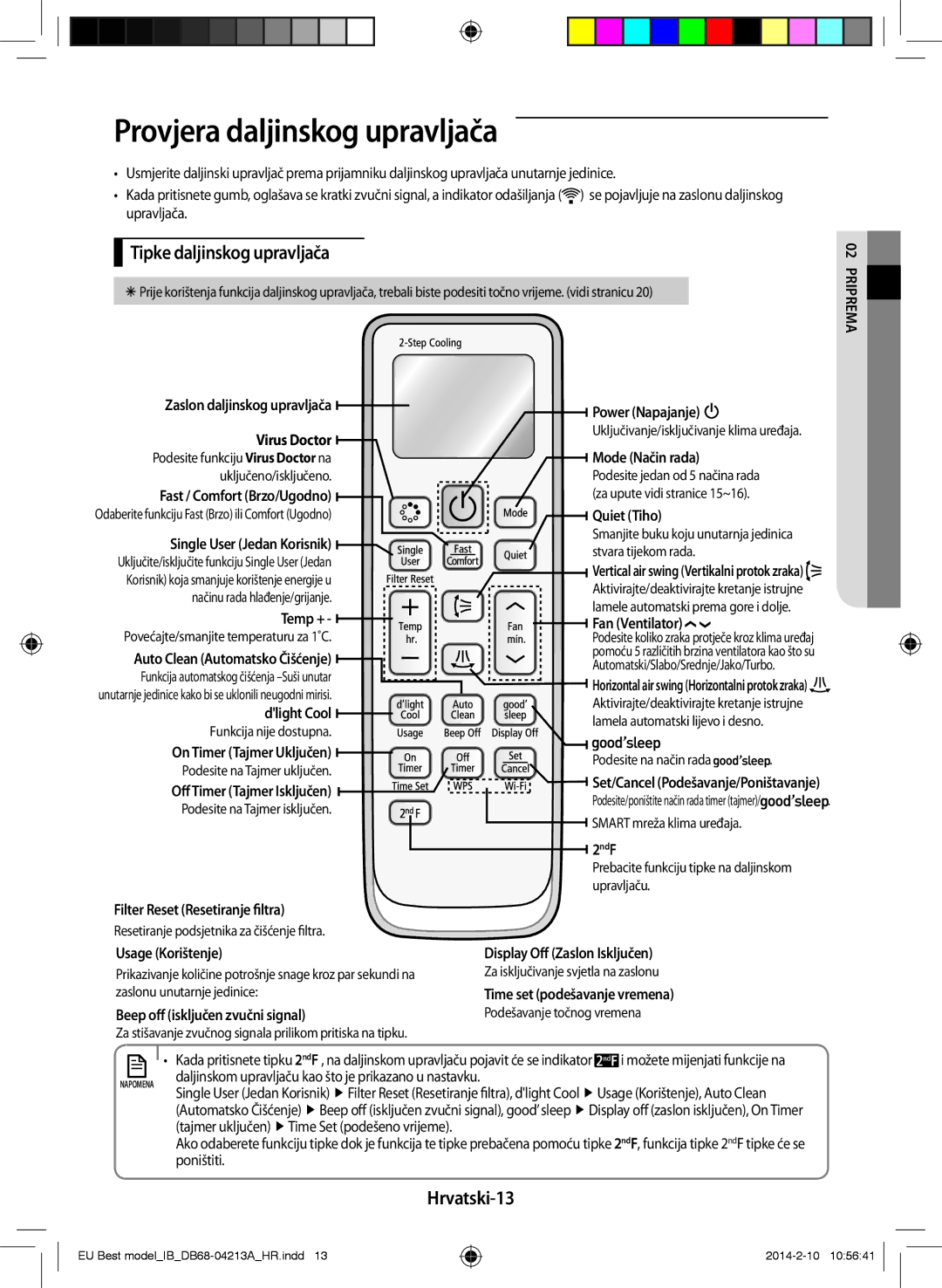 Samsung AR12HSSFBWKNEU, AR09HSSFBWKNEU manual Provjera daljinskog upravljača, Tipke daljinskog upravljača, Hrvatski-13 