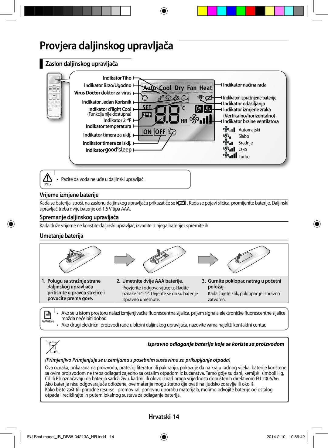 Samsung AR09HSSFBWKNEU manual Zaslon daljinskog upravljača, Vrijeme izmjene baterije, Spremanje daljinskog upravljača 