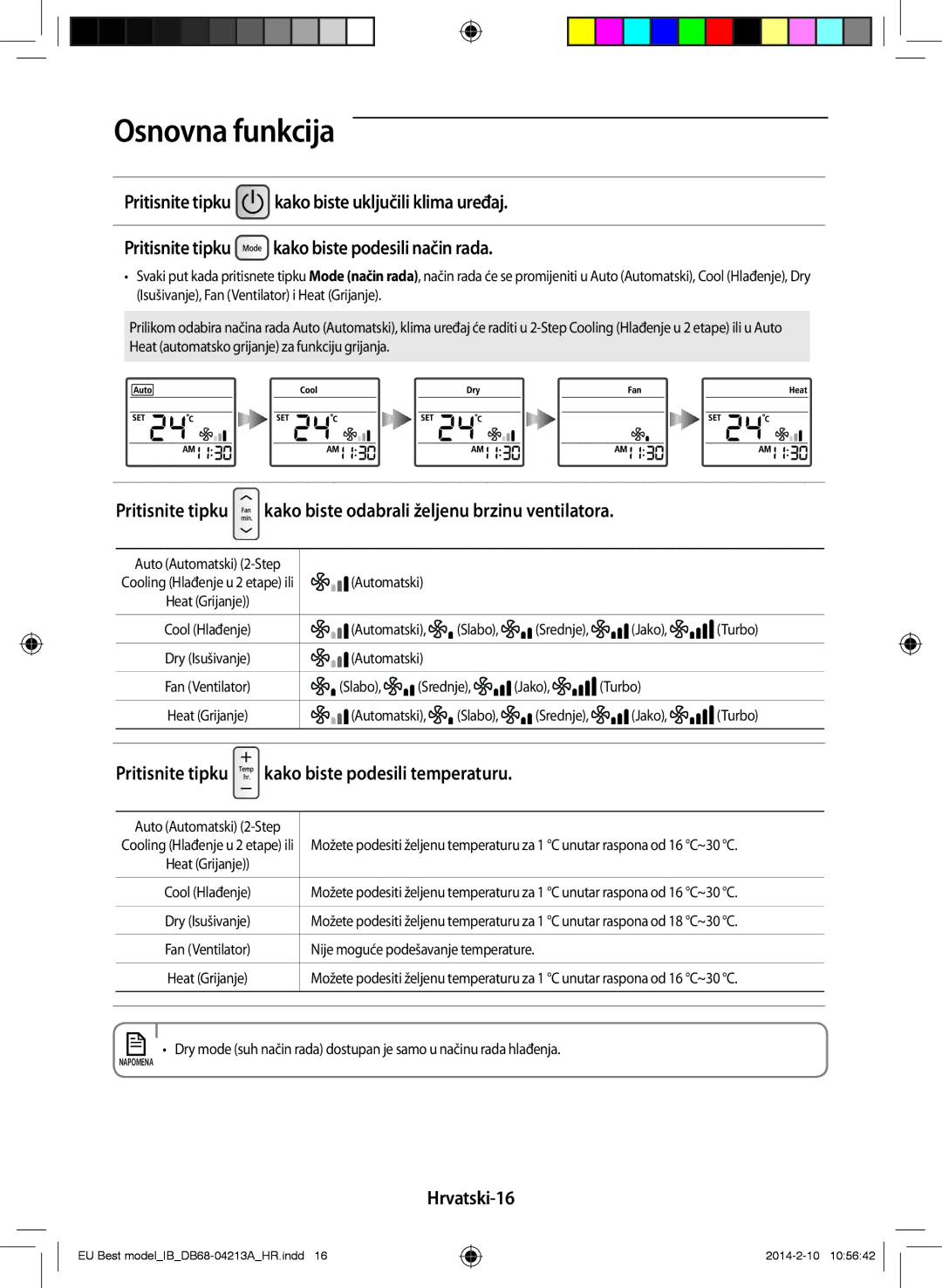 Samsung AR09HSSFBWKNEU, AR12HSSFBWKNEU manual Pritisnite tipku kako biste podesili temperaturu, Hrvatski-16 