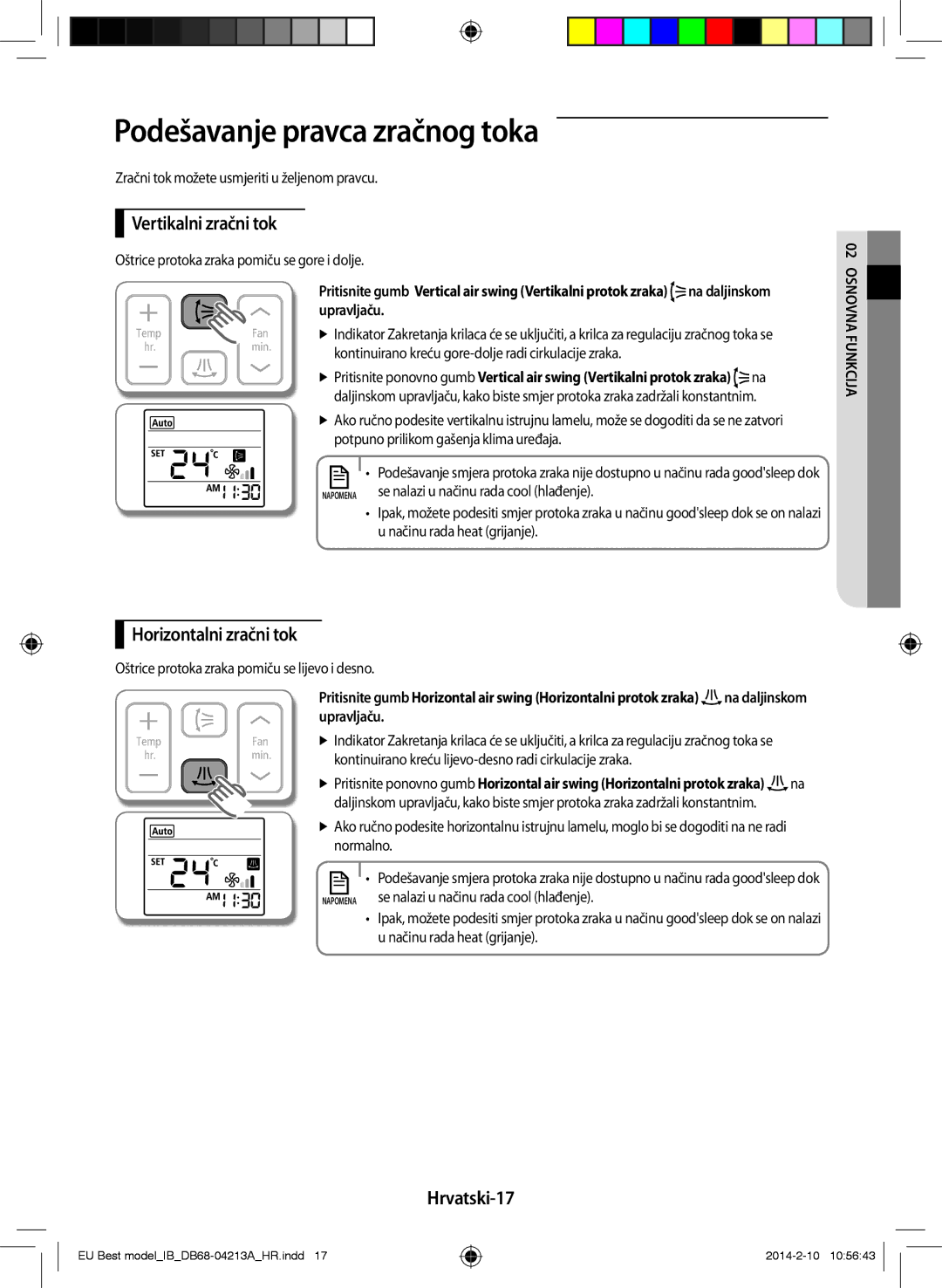 Samsung AR12HSSFBWKNEU manual Podešavanje pravca zračnog toka, Vertikalni zračni tok, Horizontalni zračni tok, Hrvatski-17 