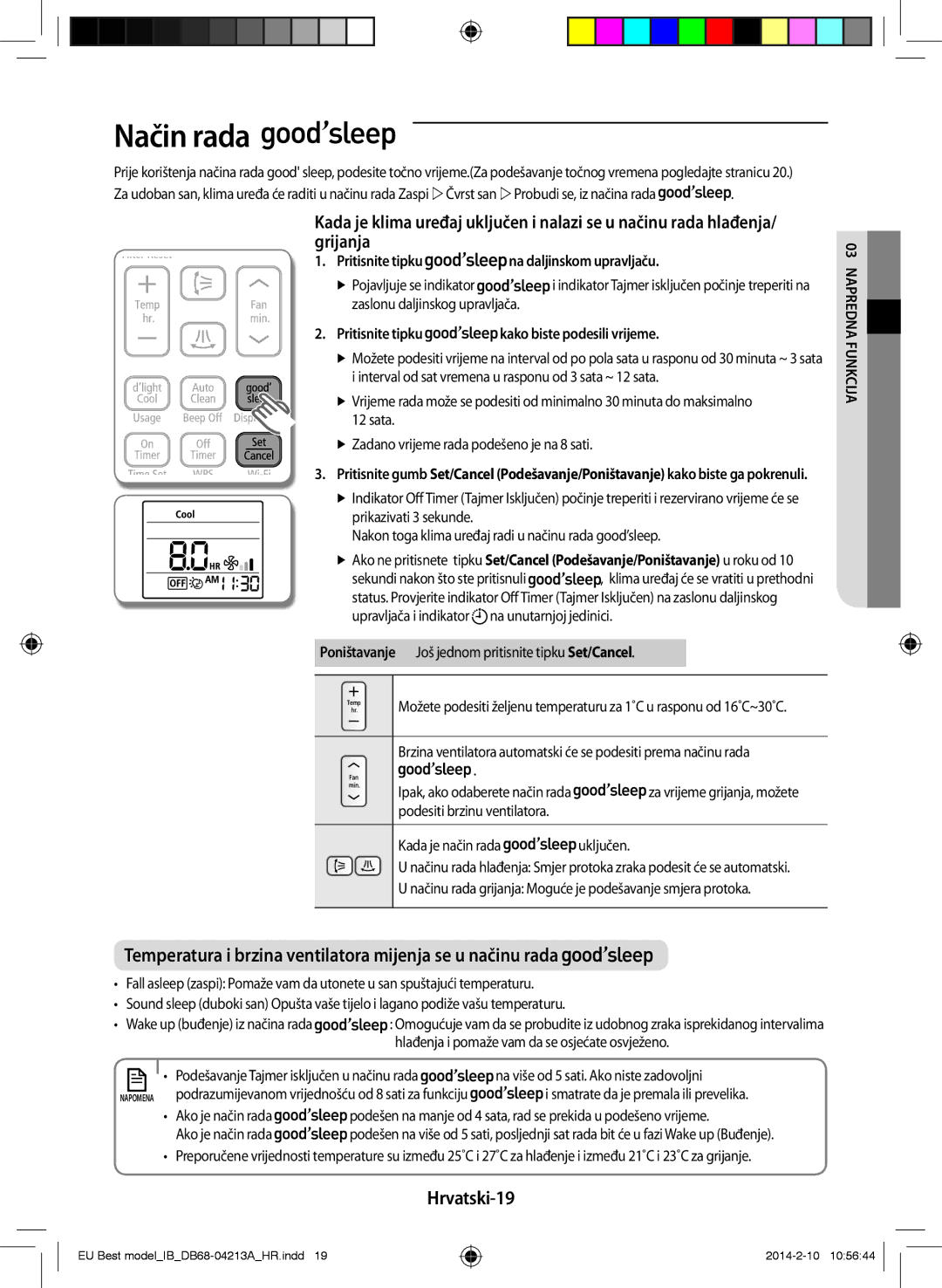 Samsung AR12HSSFBWKNEU Način rada, Hrvatski-19, Pritisnite tipku, Zaslonu daljinskog upravljača, Dnrep03 Na ija ufnkc 