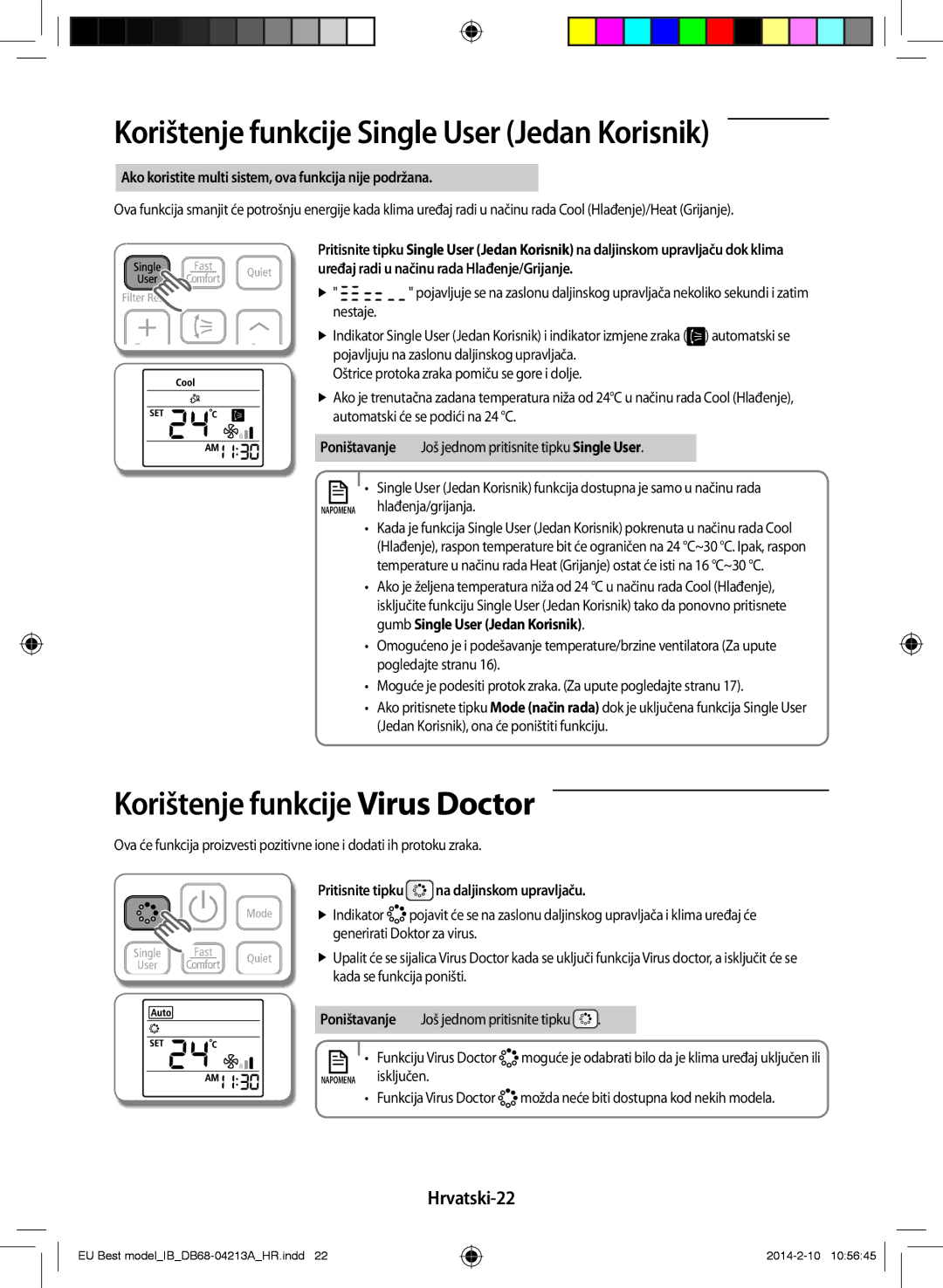 Samsung AR09HSSFBWKNEU manual Korištenje funkcije Single User Jedan Korisnik, Korištenje funkcije Virus Doctor, Hrvatski-22 